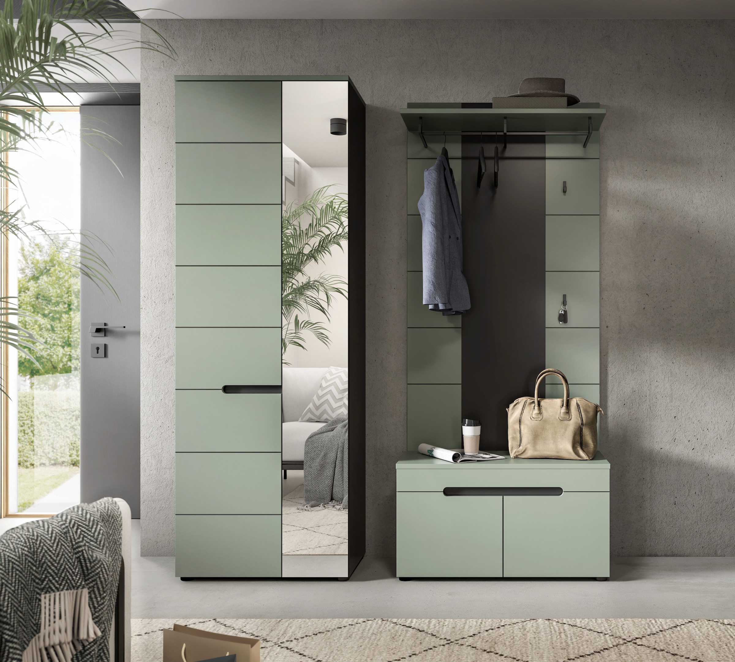 INOSIGN Garderoben-Set, (Set, 3 St.), Rehat, Garderoben-Set 3-tlg., Basalt grau NB/Smoke Green NB, Flur