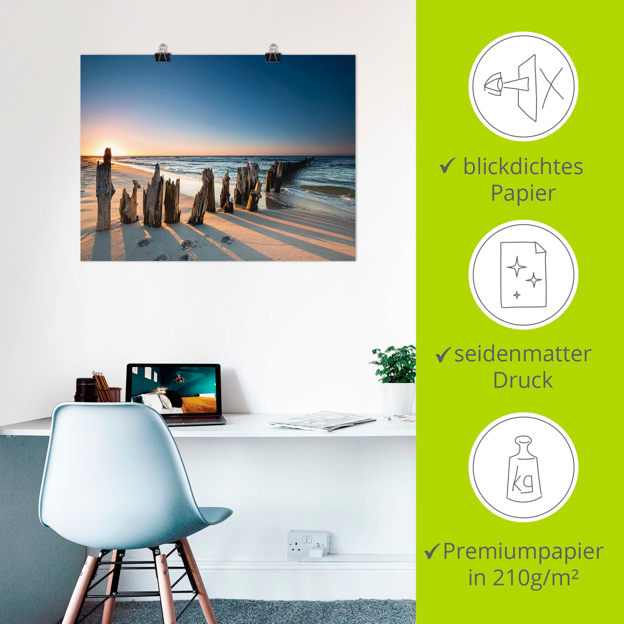 Artland Wandbild »Sonnenuntergang Strand Wellenbrecher«, Meer Bilder, (1 St.), als Alubild, Outdoorbild, Leinwandbild, Poster, Wandaufkleber