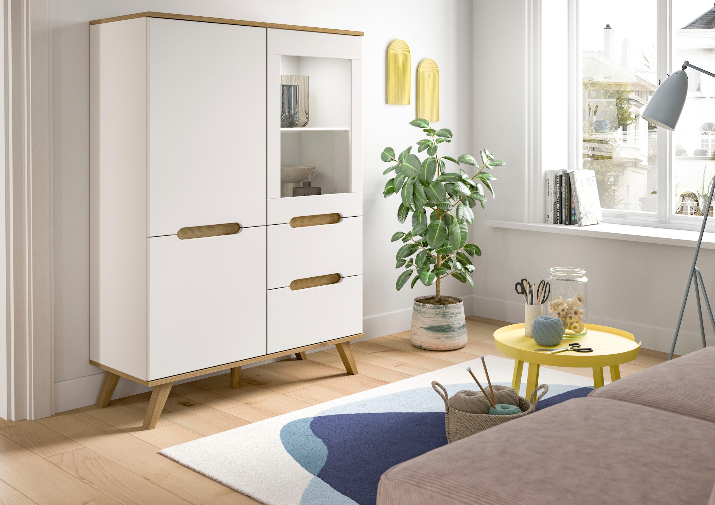 Home affaire Highboard »Alesund, Höhe 140cm, 2 Türen, 1 Schubkasten,konischer Fuß, Scandi-Look«, Anrichte, Schrank, Kommode, Midischrank, Wohnmöbel, Wohnzimmer