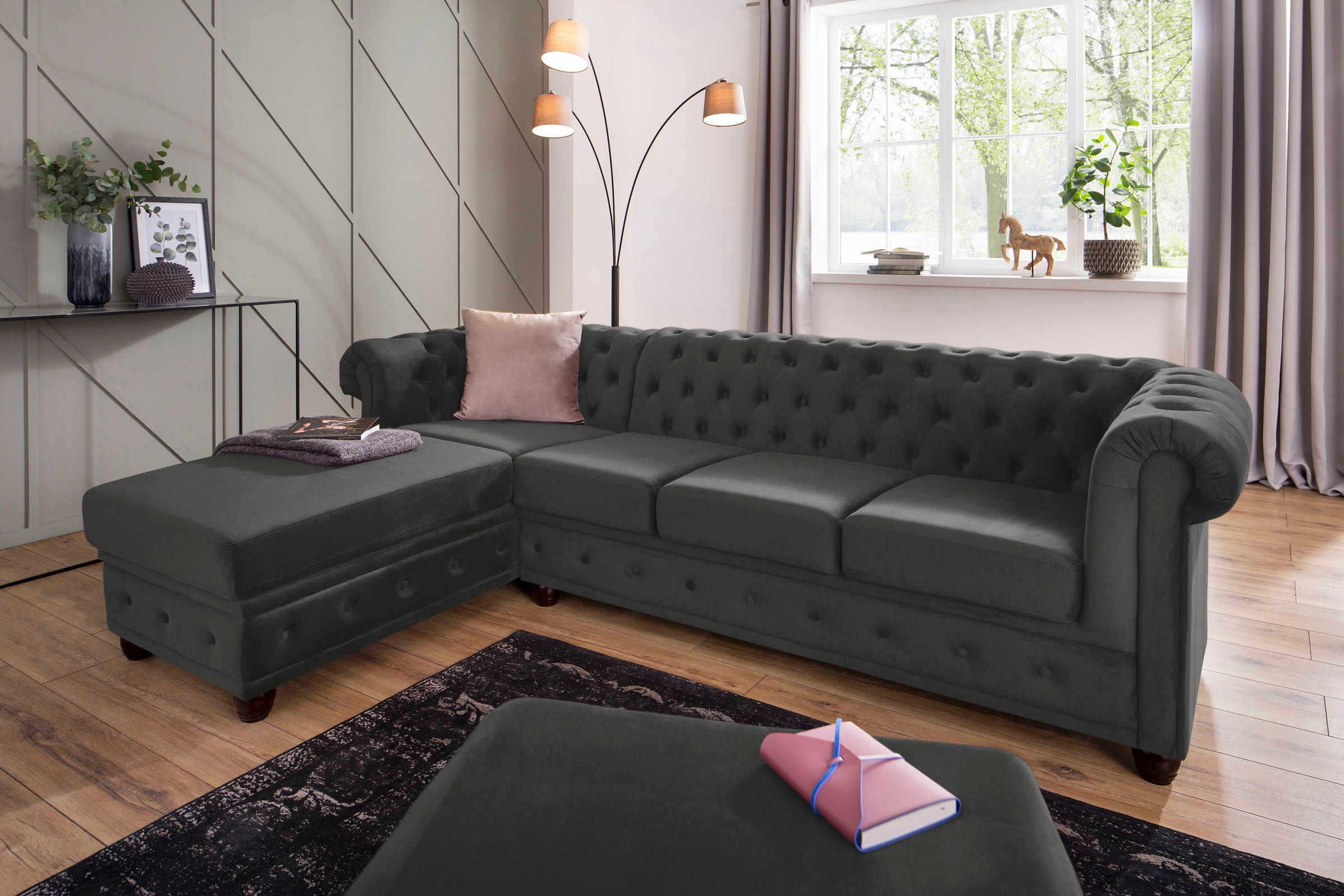 Home affaire Chesterfield-Sofa »New Castle L-Form«, hochwertige Knopfheftung in Chesterfield-Design, B/T/H: 255(171/72)