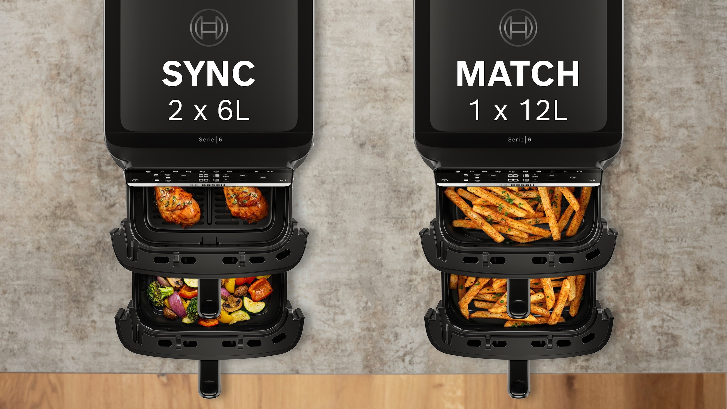 BOSCH Heißluftfritteuse »Serie 6 MAFD661B0, XXL Heißluftfritteuse, 12L, PFAS frei, Doppelkammer« 2800 W platzsparend, einfache Reinigung, weniger Fett, 6 Programme, schwarz
