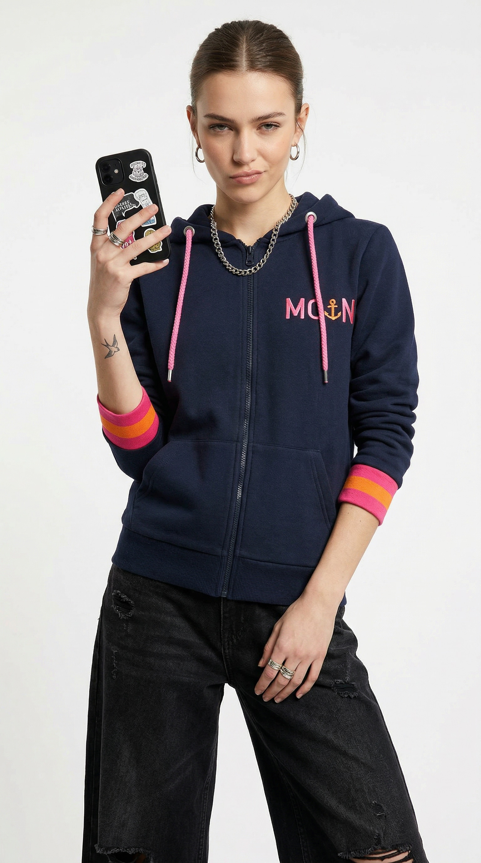 Zwillingsherz Kapuzensweatjacke Regular Fit, Stickerei, Reißverschluss, Langarm, Kontast-Details