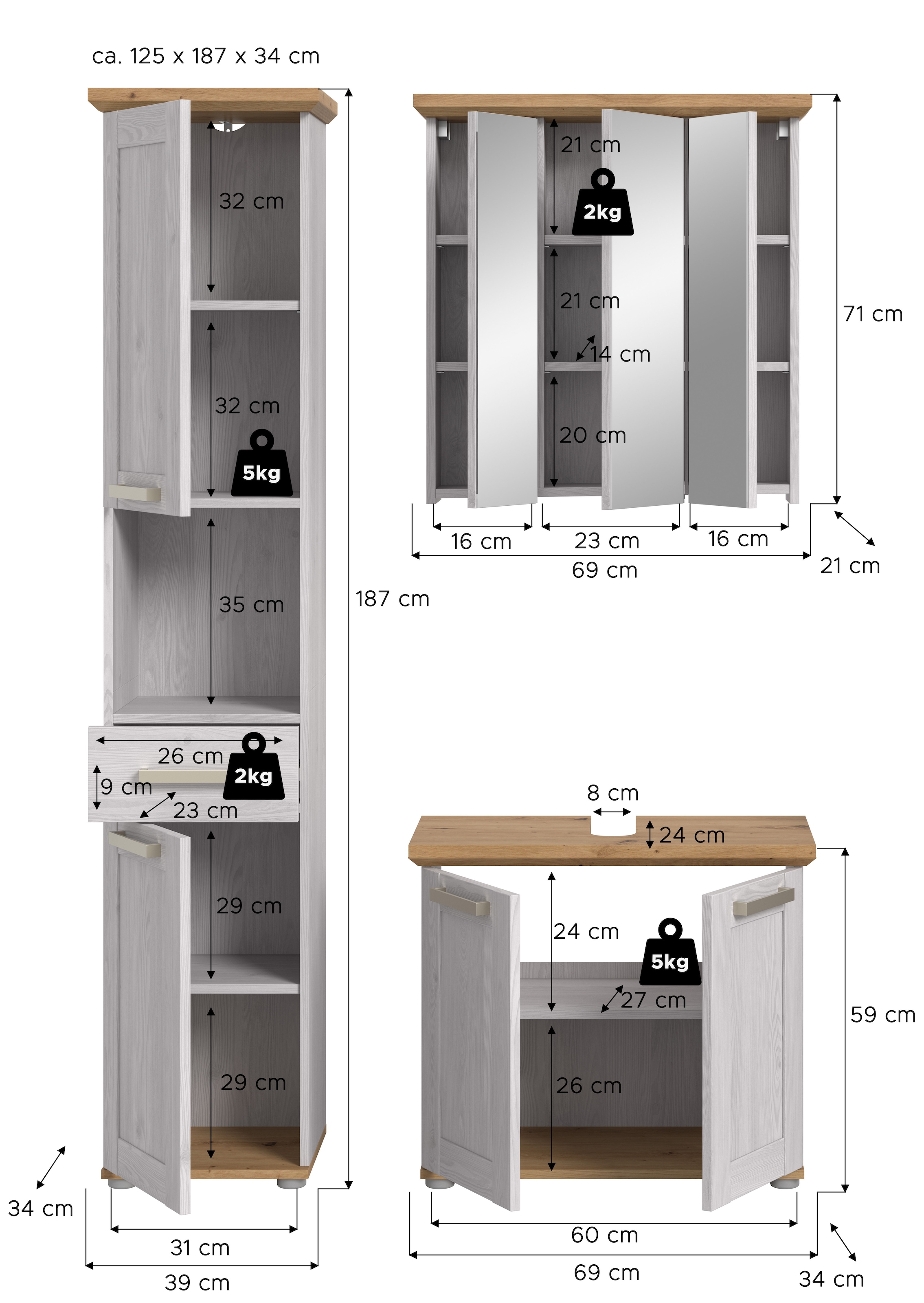 welltime Badmöbel-Set »COSENZA« best. aus: 1 Hochschrank, 1 Spiegelschrank, 1 Waschbeckenunterschrank, 3 Stk. tlg.