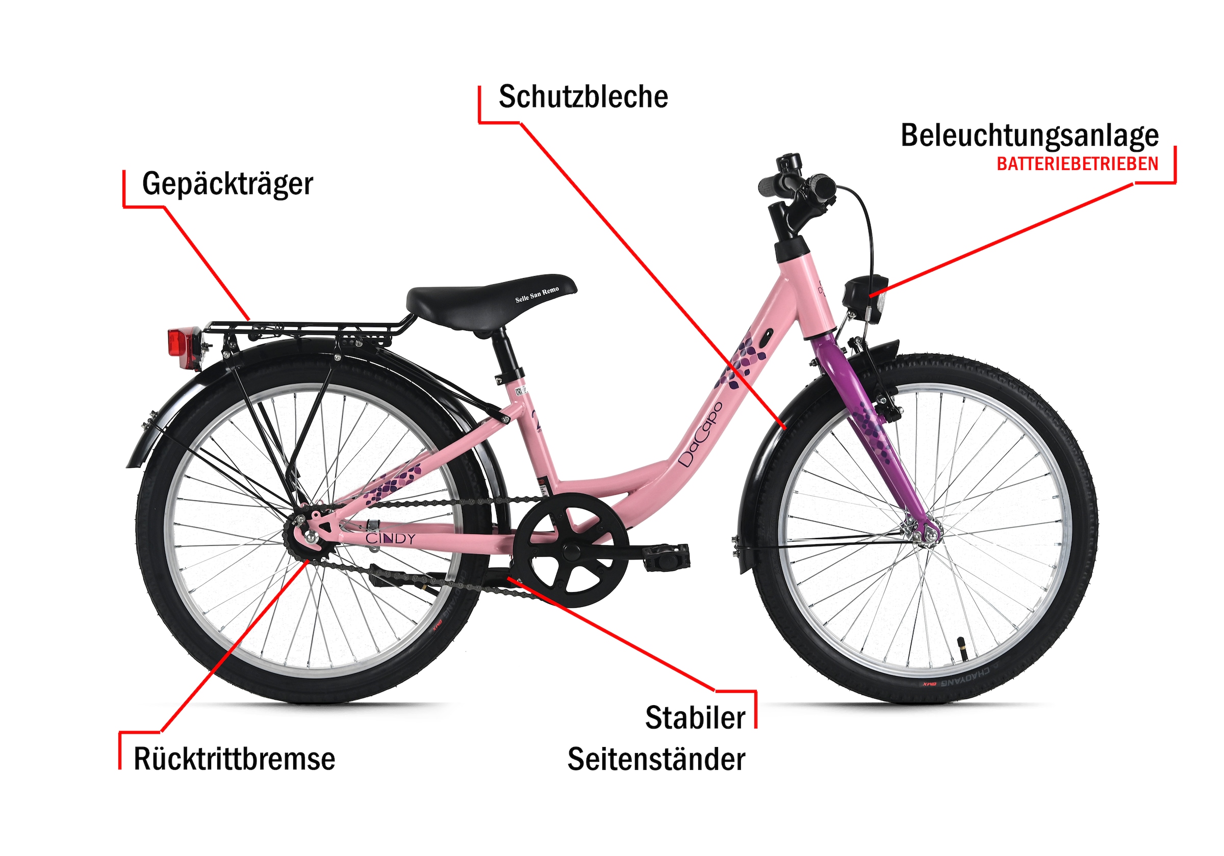 Dacapo Kinderfahrrad »20" Cindy Rosa 1 Gang RH 27 cm mit Beleuchtung - Ab 6 Jahre« 1 Gang ohne Schaltung