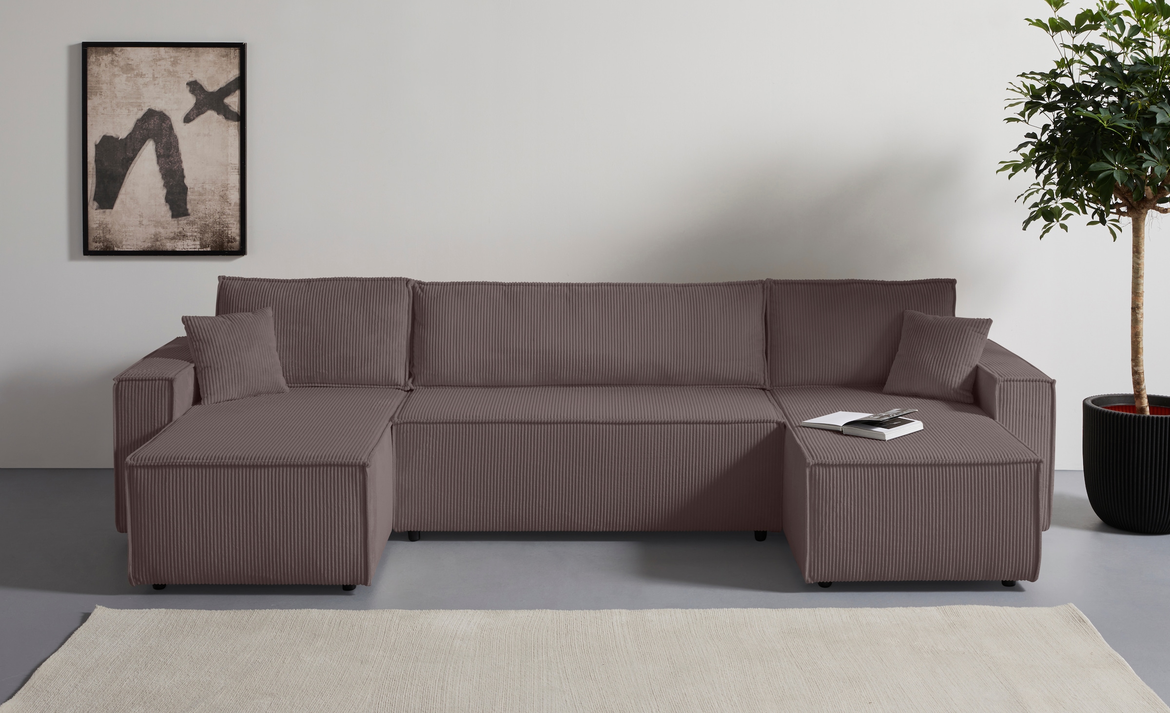 OTTO home Wohnlandschaft »Cassi, 311 cm, U-Form, Schlafsofa, Dauerschläfer, Boxspringfederung«, Schlaffunktion (133/270cm), Bettkasten, Seitentaschen, Cord-Bezug