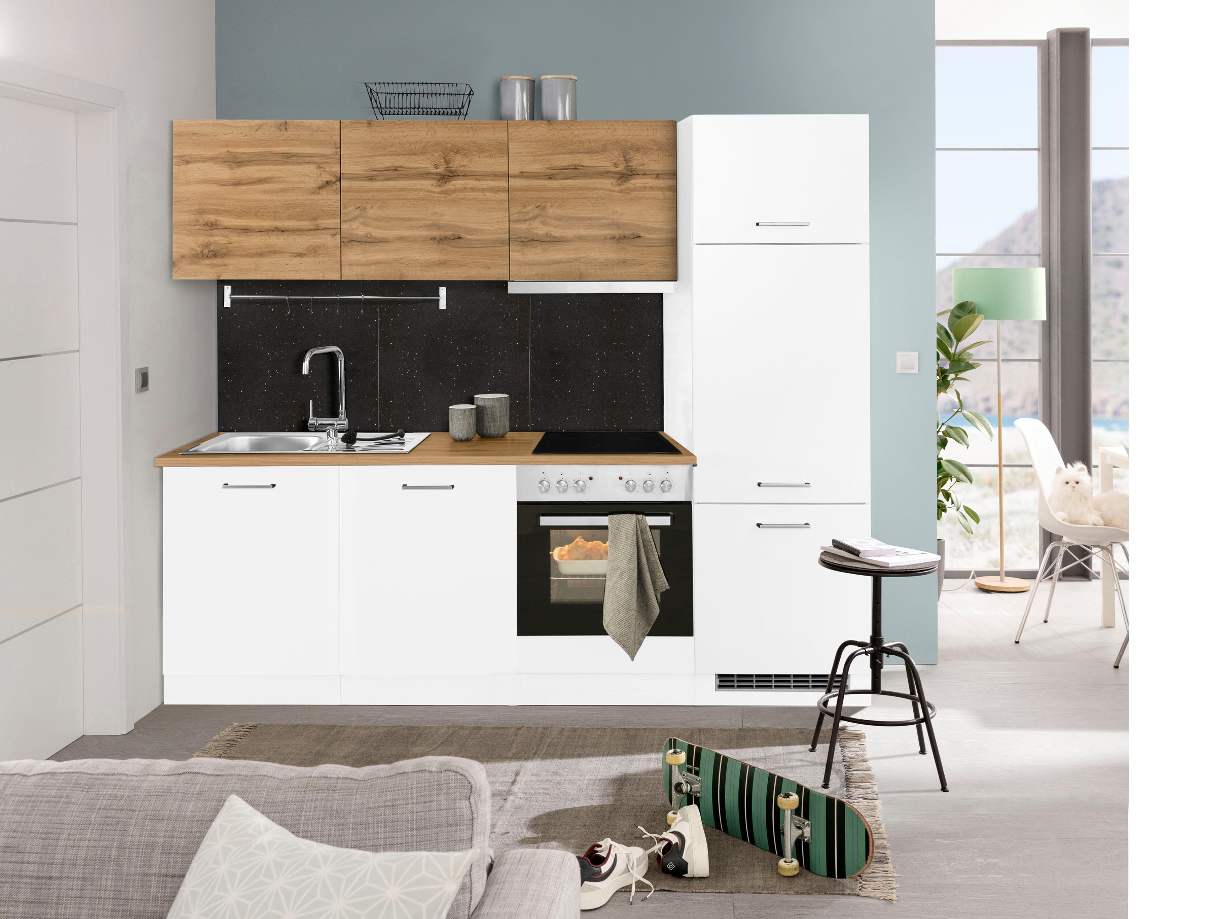 KOCHSTATION Küchenzeile »KS-Kehl«, mit E-Geräten, Breite 240 cm, inkl. Kühlschrank und Geschirrspüler
