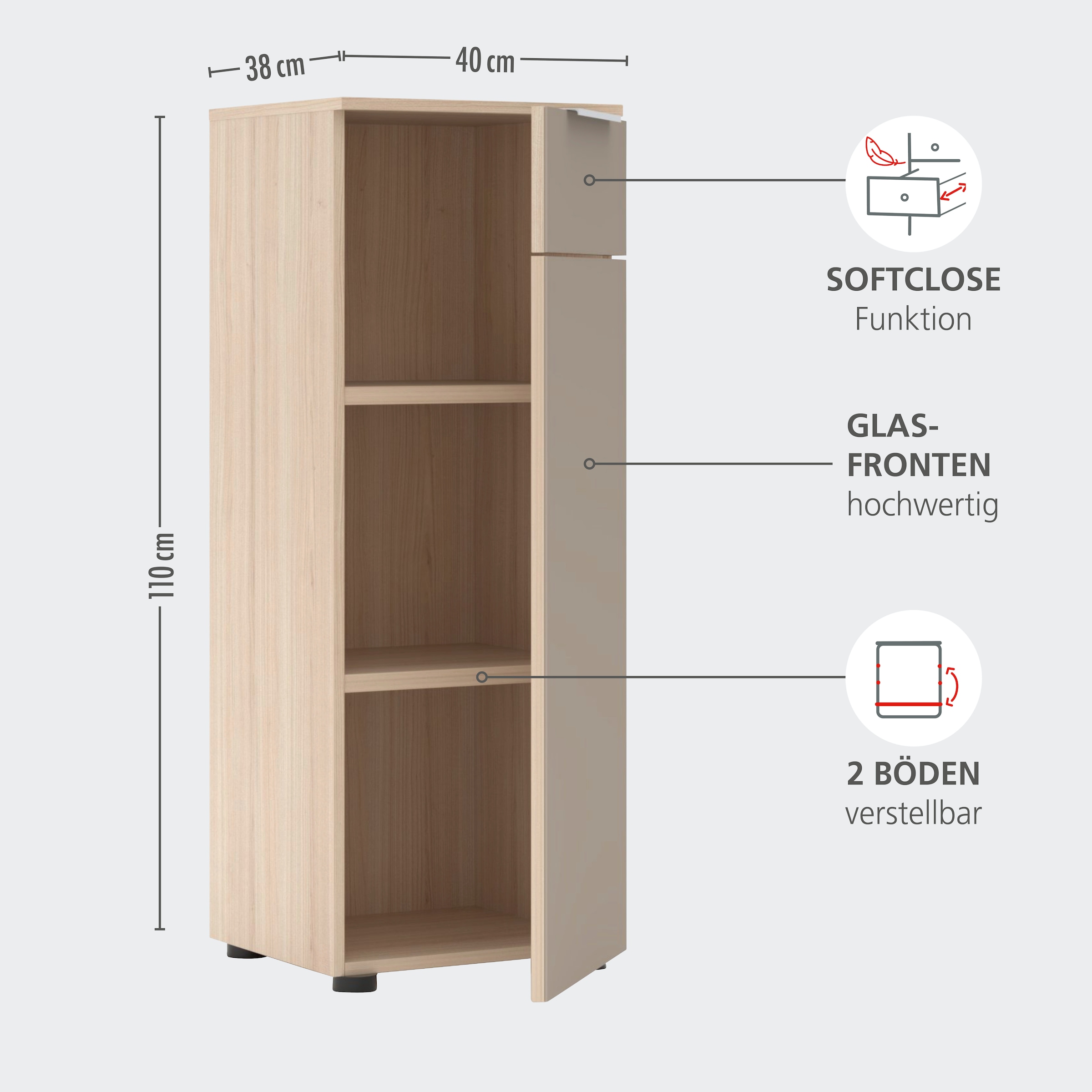 Innostyle Aktenschrank »Büroschrank Santorin, 40/110/38 cm ( B/H/T)« 1 Stk. tlg. 1 Tür links/rechts verwendbar, Softclose, Klarglas, ABS Schutzkante
