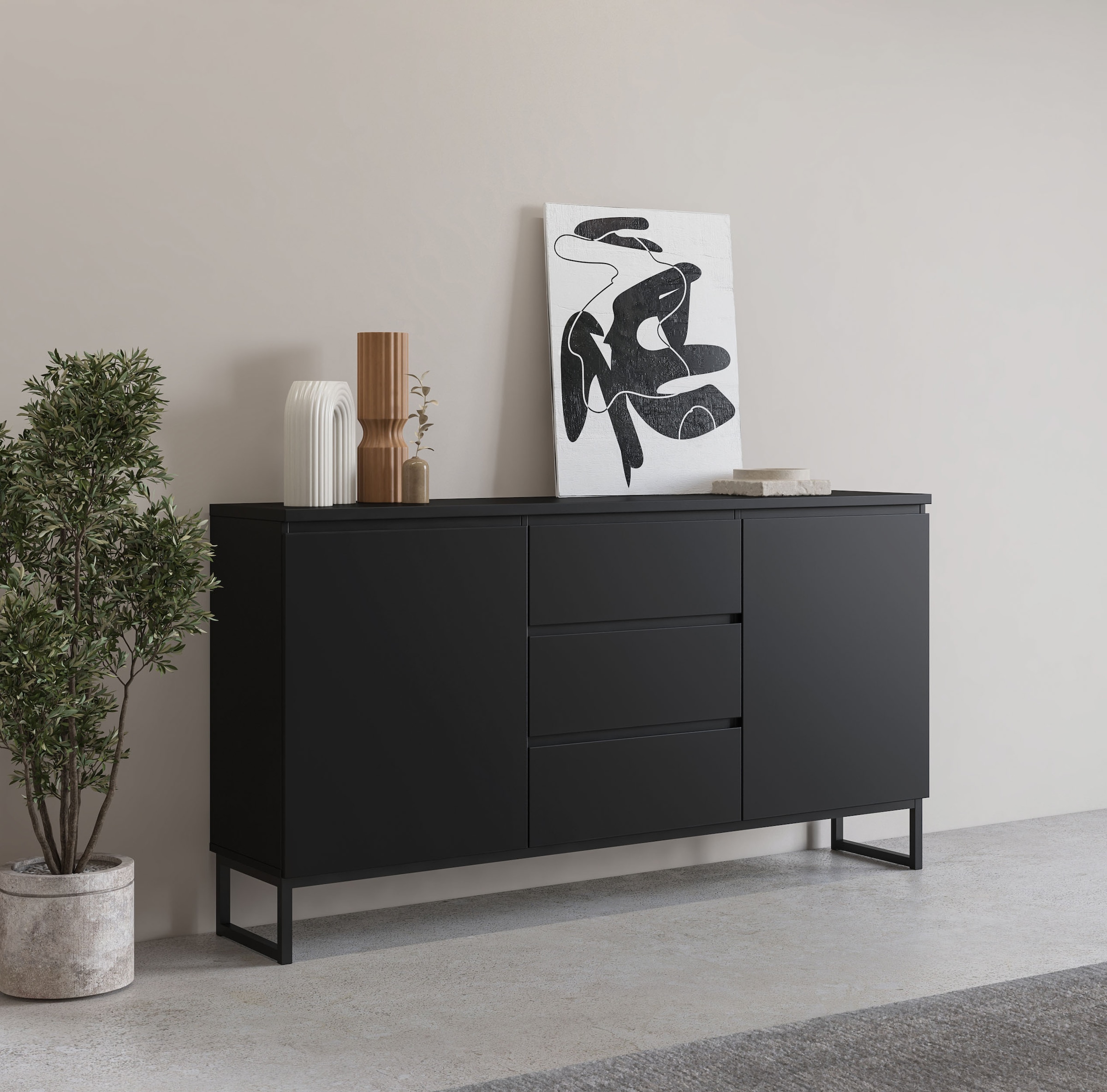 OTTO home Sideboard »Modo II, Breite 150 cm, moderne grifflose Kommode 2Türen/3 SK« Schubladenkommode viel Stauraum, Einlegeböden verstellbar, Metallkufen