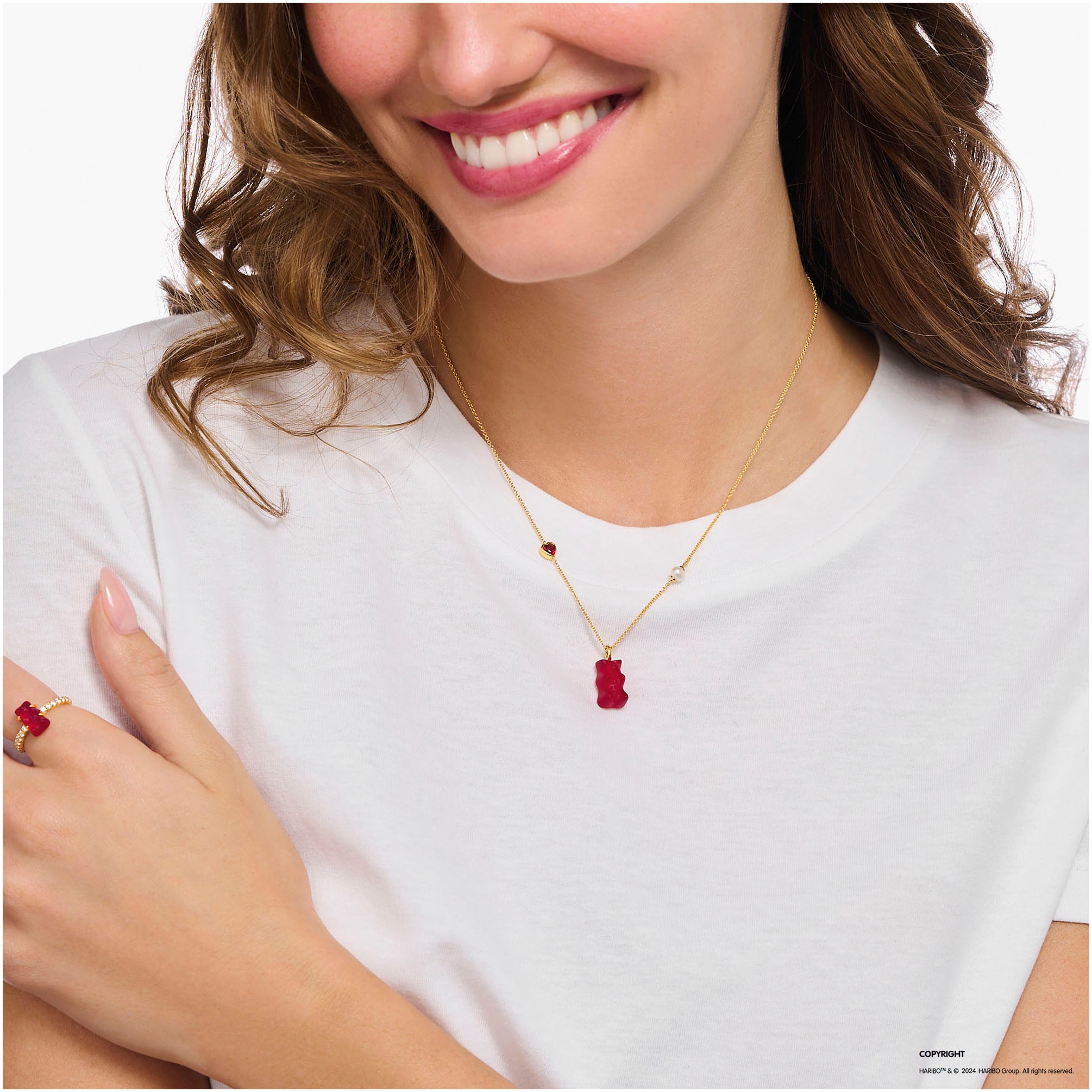 THOMAS SABO Kette mit Anhänger »THOMAS SABO x HARIBO Schmuck: Kette mit Goldbär Rot«, mit Kristallglas, Zirkonia (synth.) - mit Süßwasserzuchtperle