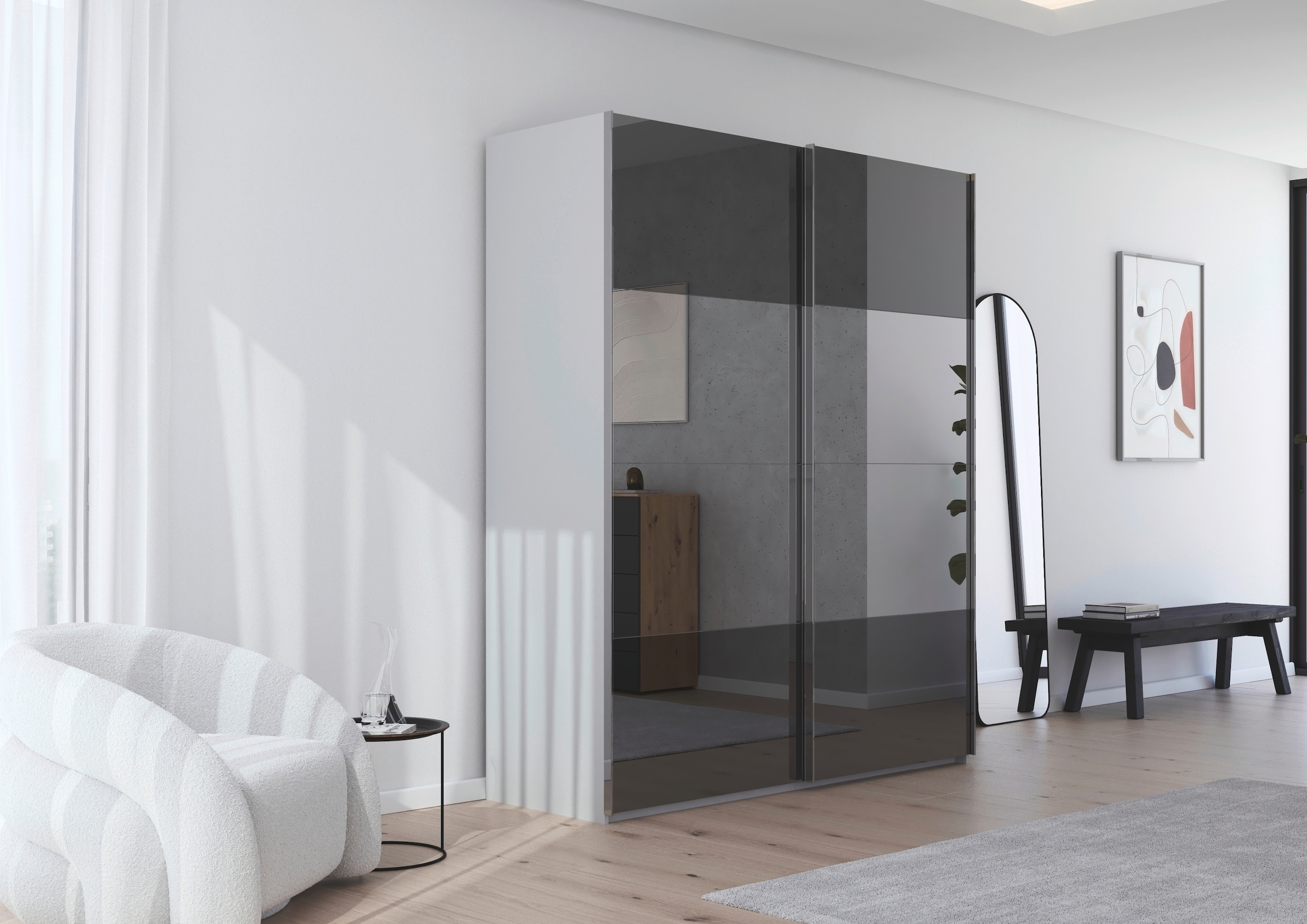 rauch Schwebetürenschrank »Kleiderschrank Schrank Garderobe Schlafzimmerschrank SCALE-FYRA«, edle Türen viergeteilt Front Spiegel-Mix viele Farben MADE IN GERMANY