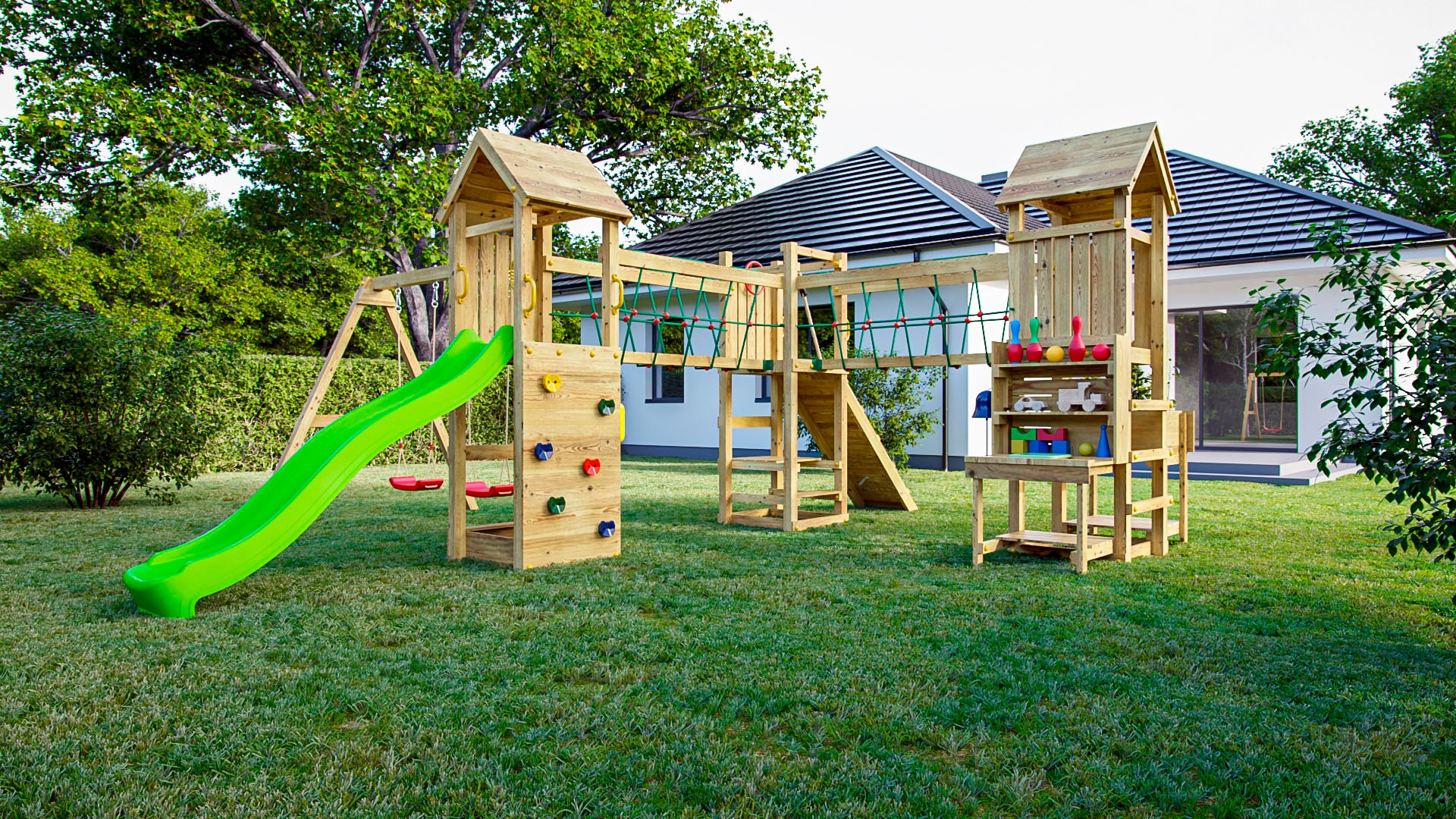 FUNGOO Spielturm »Maxi Funny Optimizer, mit Rutsche, Schaukeln, Kletterwand + Seilbrücke«, Made in Europe