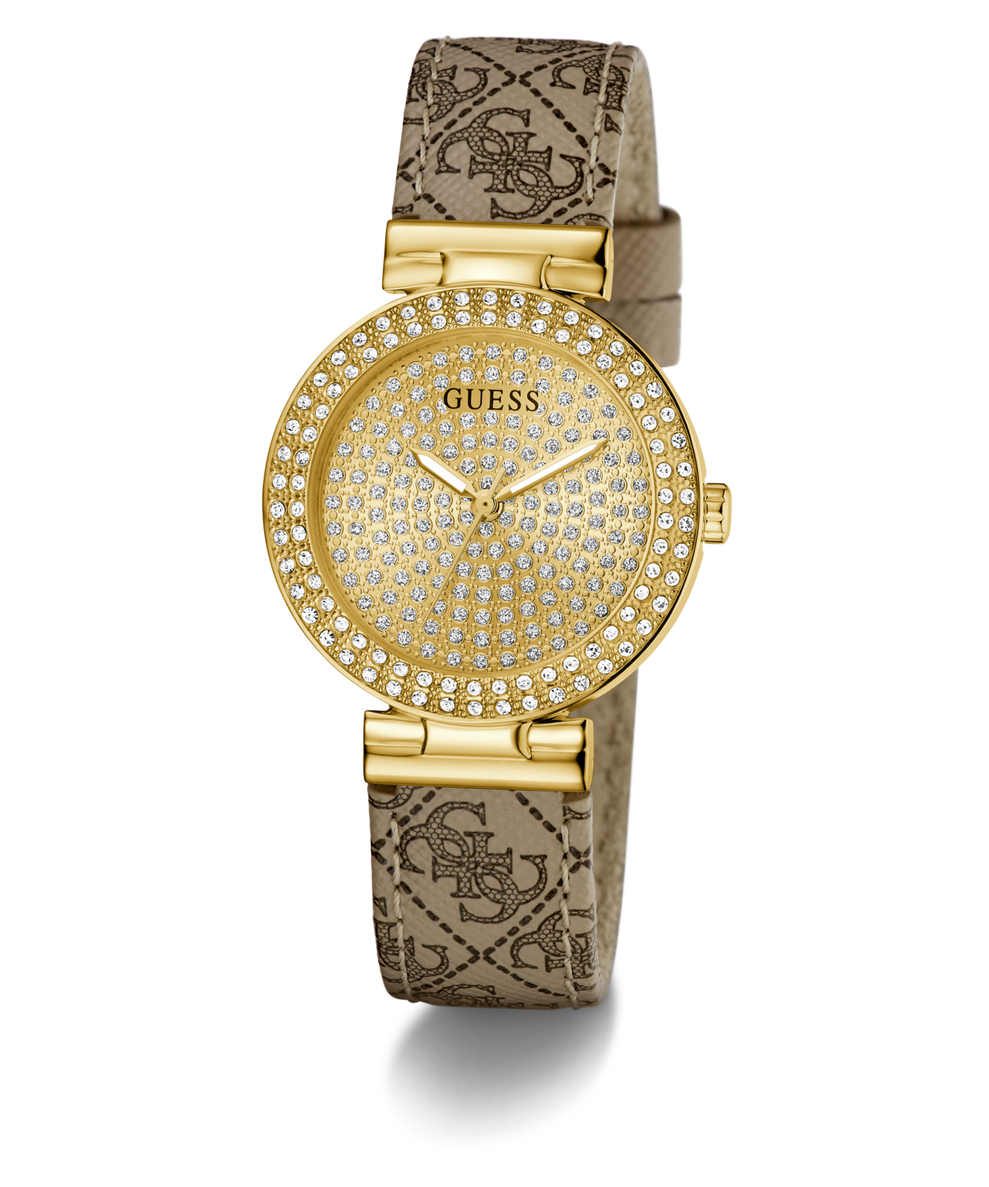 Guess Quarzuhr »IVY«, Armbanduhr, Damenuhr, Lederarmband, Kristallsteine