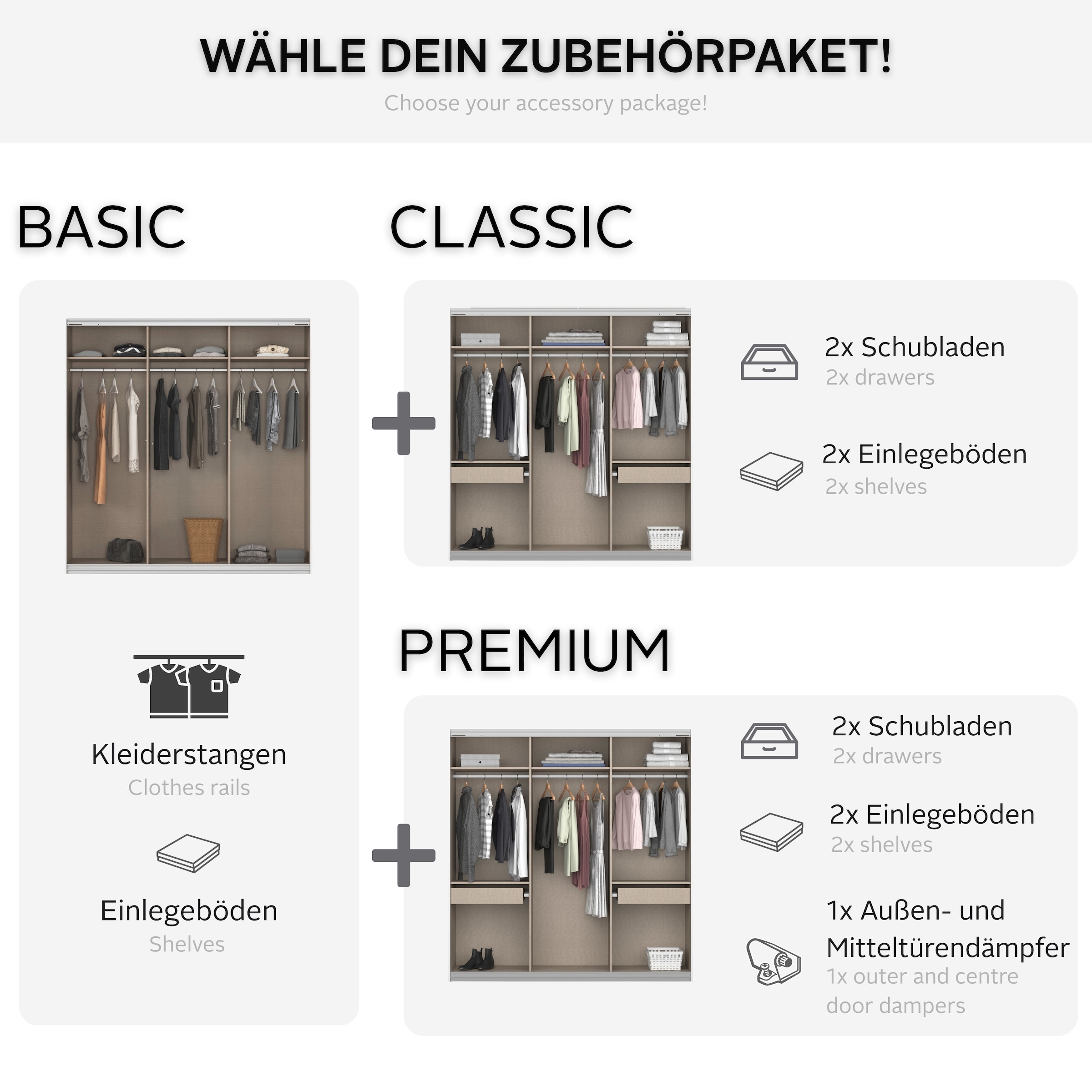 rauch Schwebetürenschrank »Kleiderschrank Schrank Garderobe KOLUNA Hochglanz-Front und Spiegel« 3 Ausstattungen BASIC/CLASSIC/PREMIUM (inkl. SOFT-CLOSE-FUNKTION),  Breiten 203/271/315/360 cm Höhen 210/229 cm MADE IN GERMANY