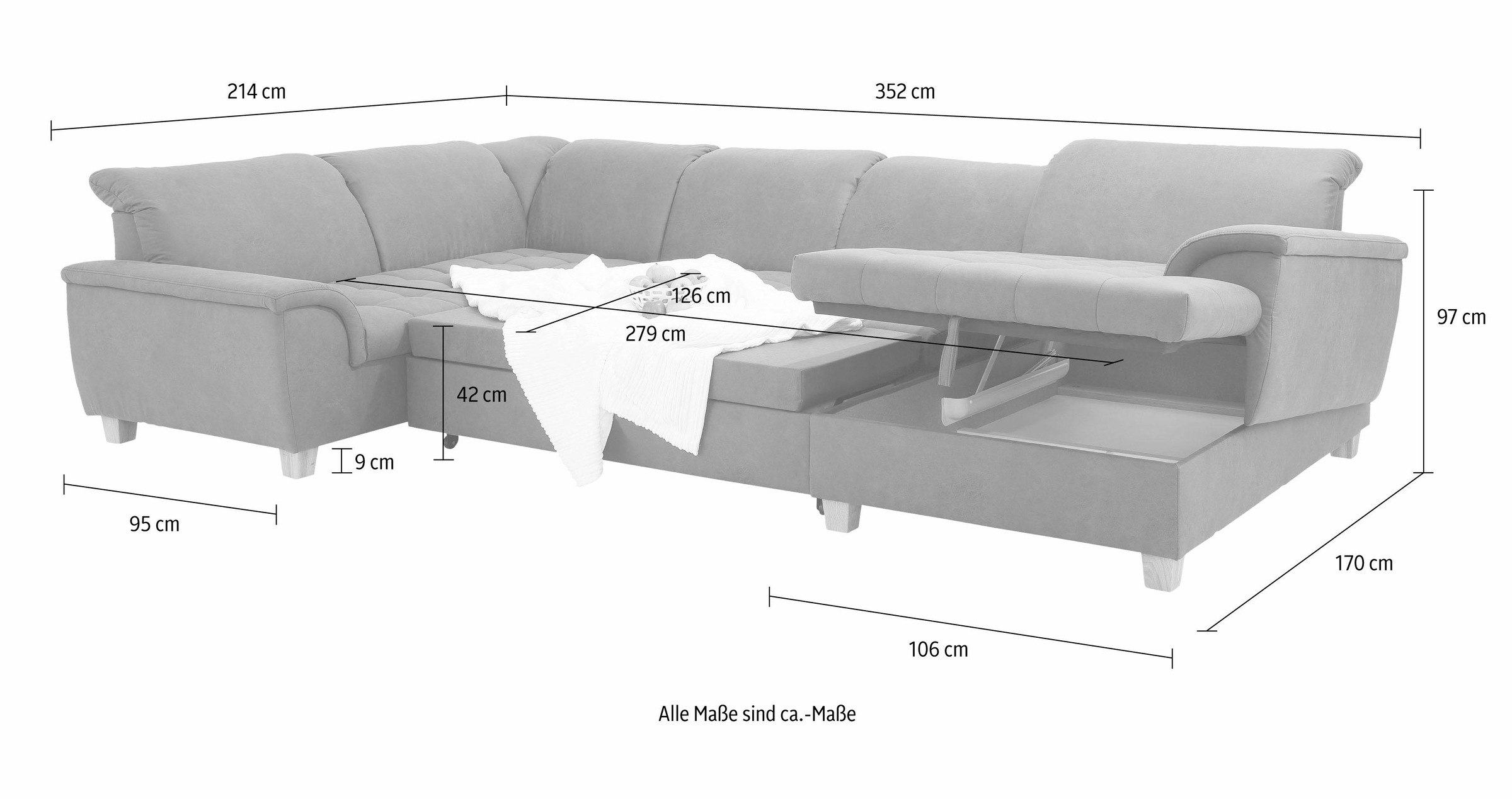 Home affaire Wohnlandschaft »Lyla U-Form«, wahlweise mit Rückenfunktion und zusätzlich mit Bett + Bettkasten
