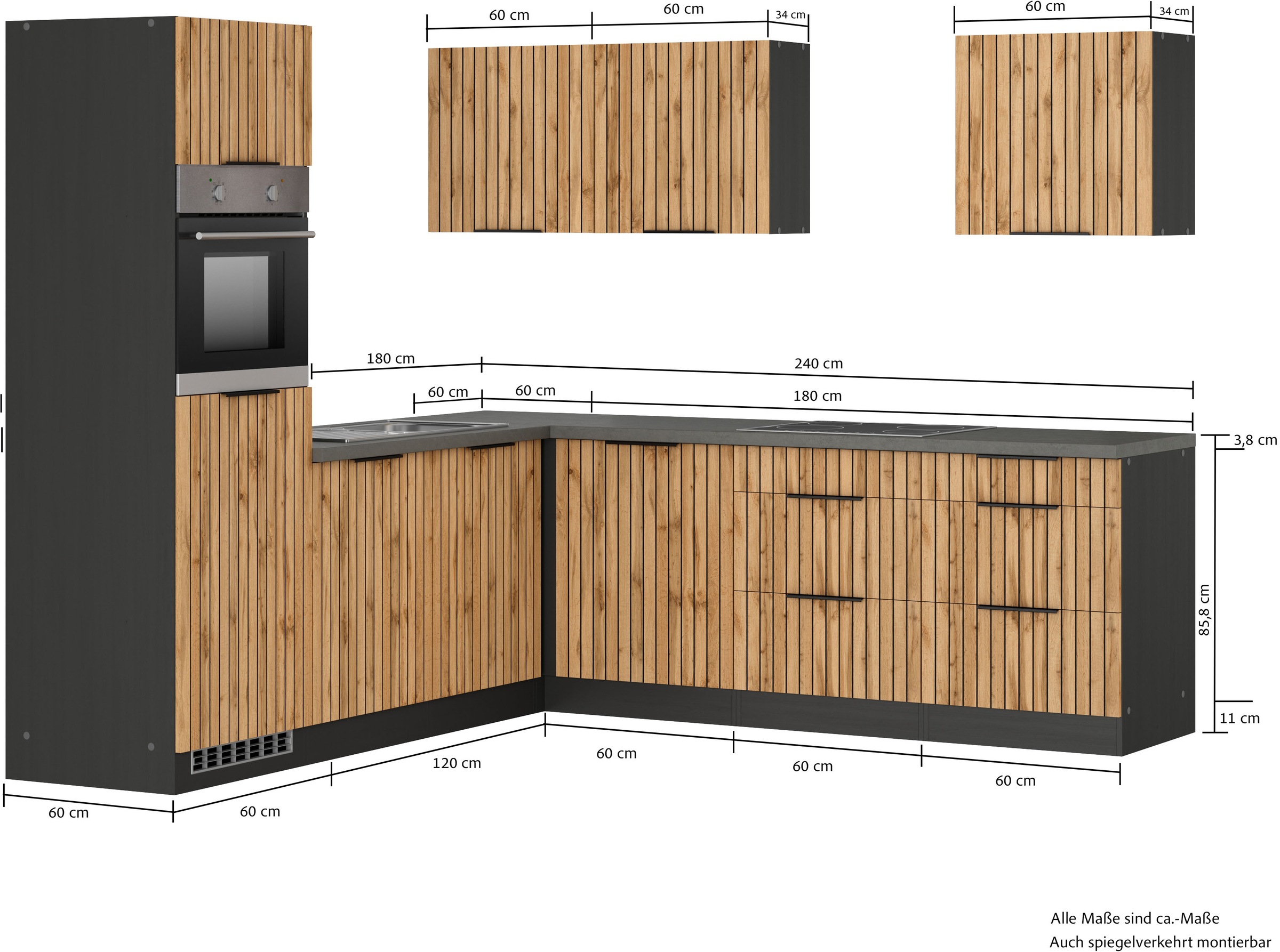 KOCHSTATION Winkelküche »KS-Lagos, Stellbreite 240/240 cm, wahlweise mit E-Geräten«, Ceran-oder Induktionskochfeld,Kühlschrank,Spüle edelstahl oder schwarz