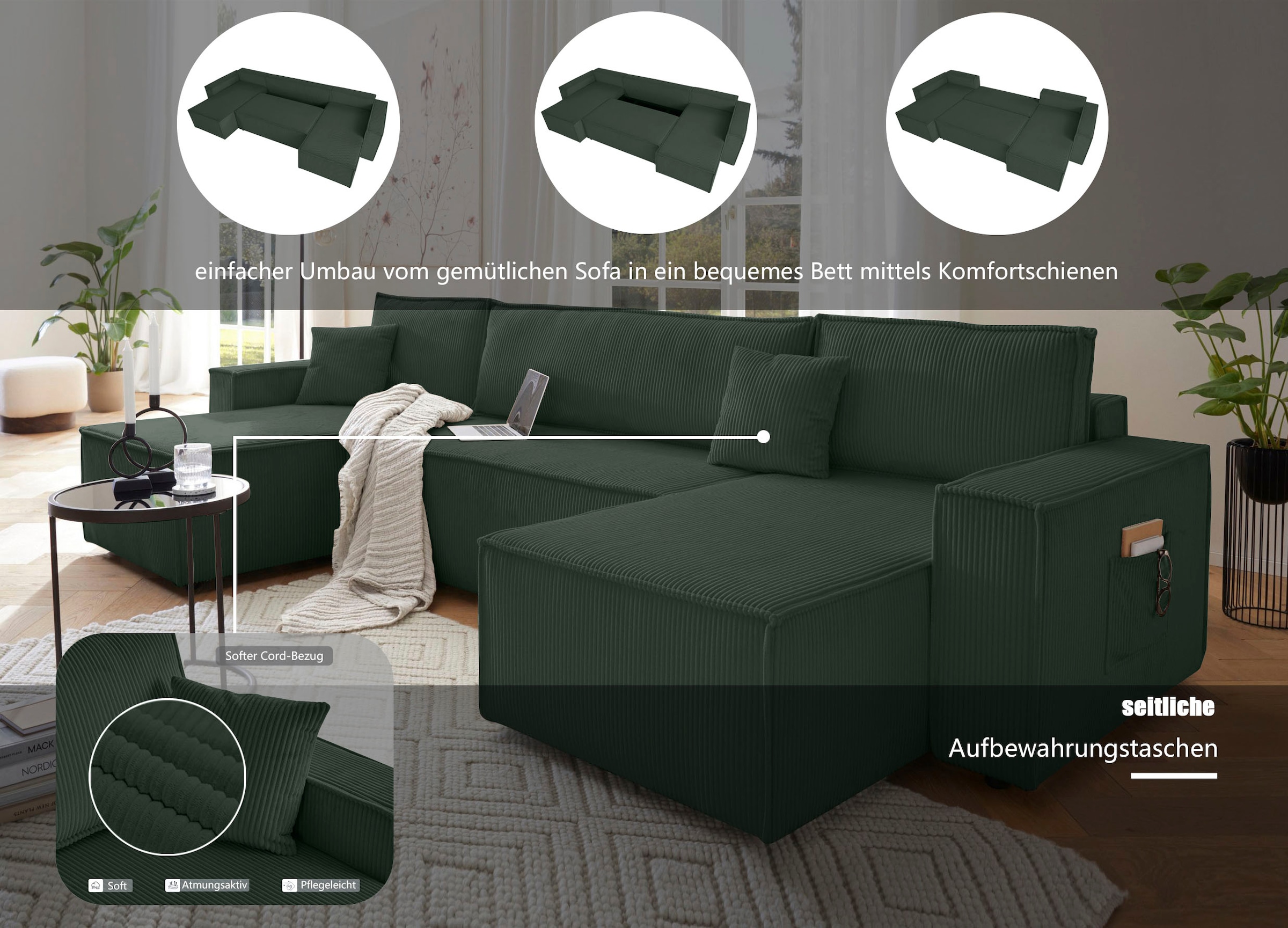 OTTO home Wohnlandschaft »CASSI L-Form, 311cm - OTTO. Verlässliche Qualität.« Schlaffunktion (133/270), Bettkasten, Cord, Unser Tiefpreis