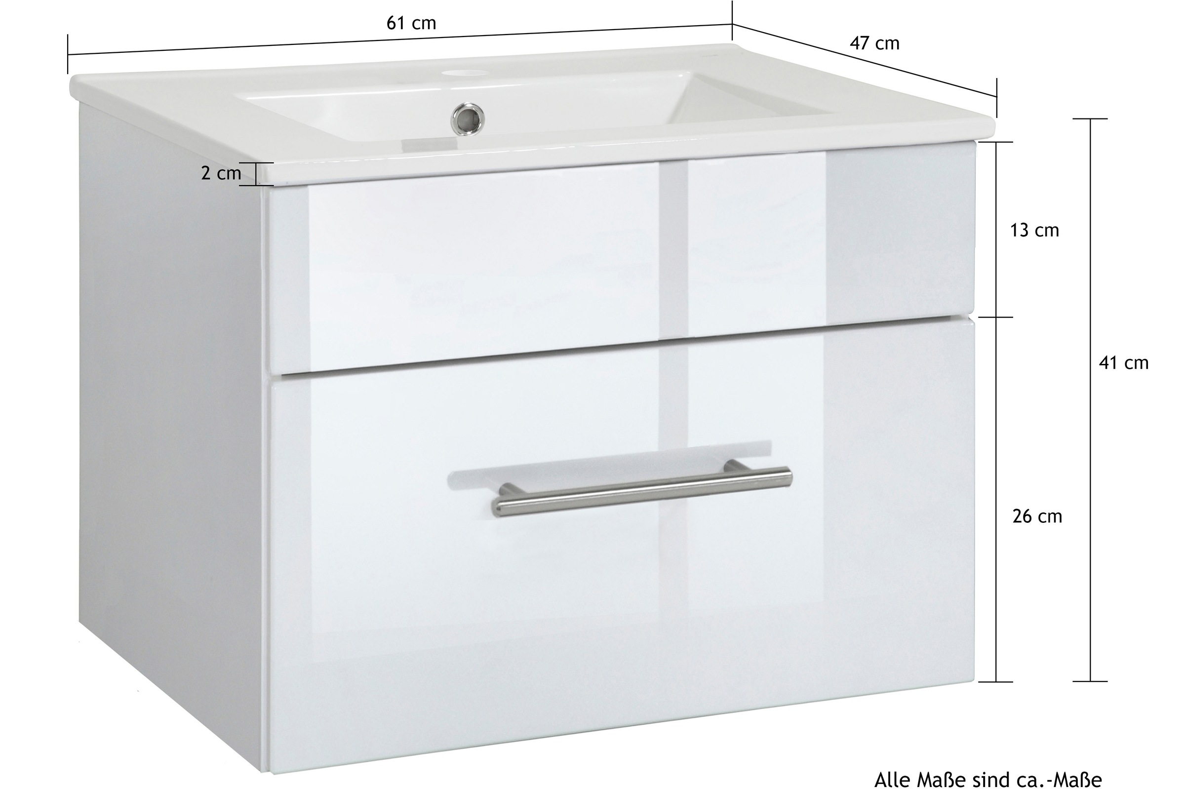 welltime Waschtisch »Trento Light mit Keramik-Auflagebecken«, 1 feste Blende und 1 Auszug, Breite: 61cm, Weiß Hochglanz