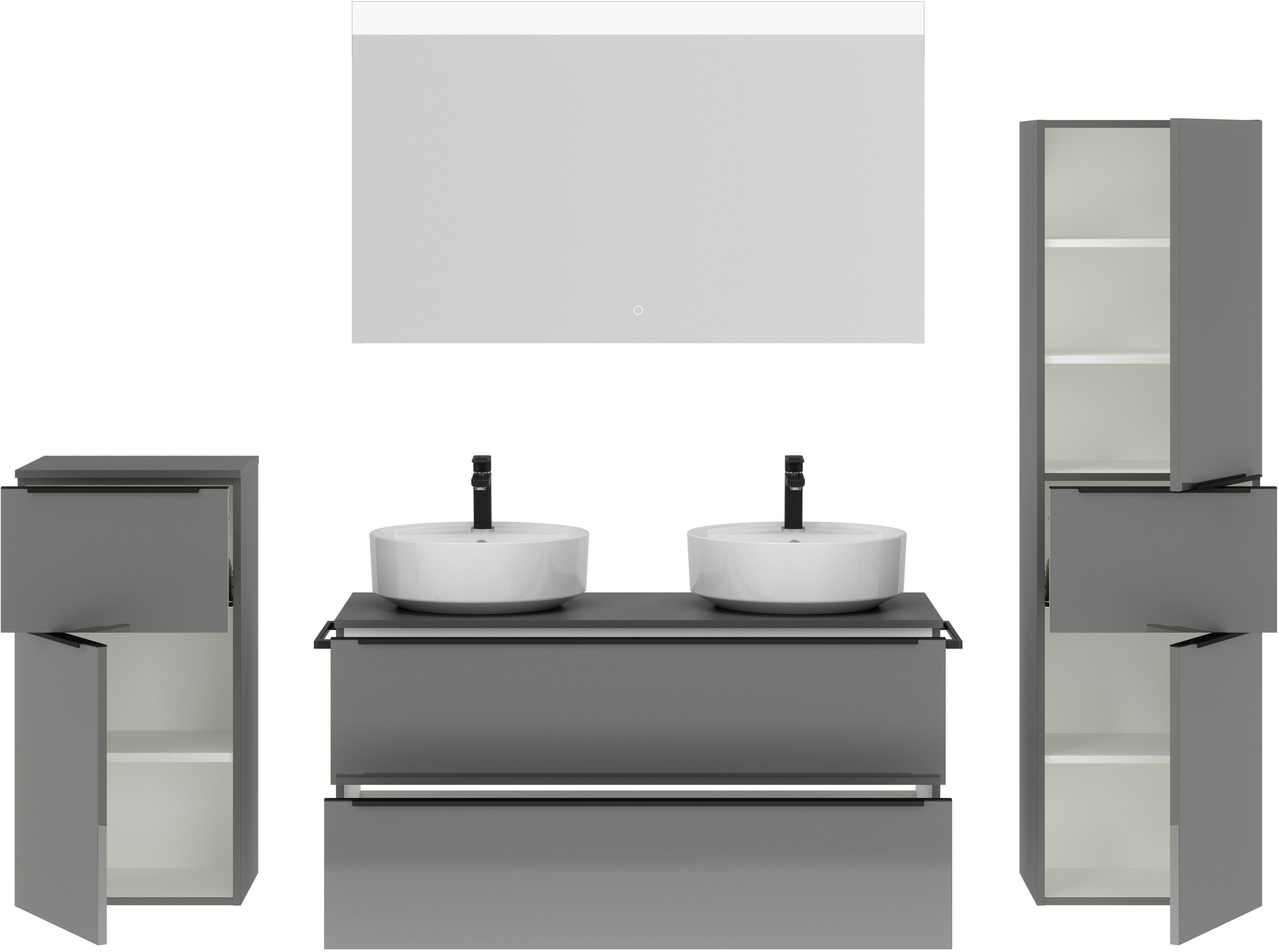 nobilia® Badmöbel-Set »Alvene«, (4 St., vormontiert, mit Soft-Close), Hochglanz, inkl. Spiegel mit Touch-Sensor, in vier Breiten
