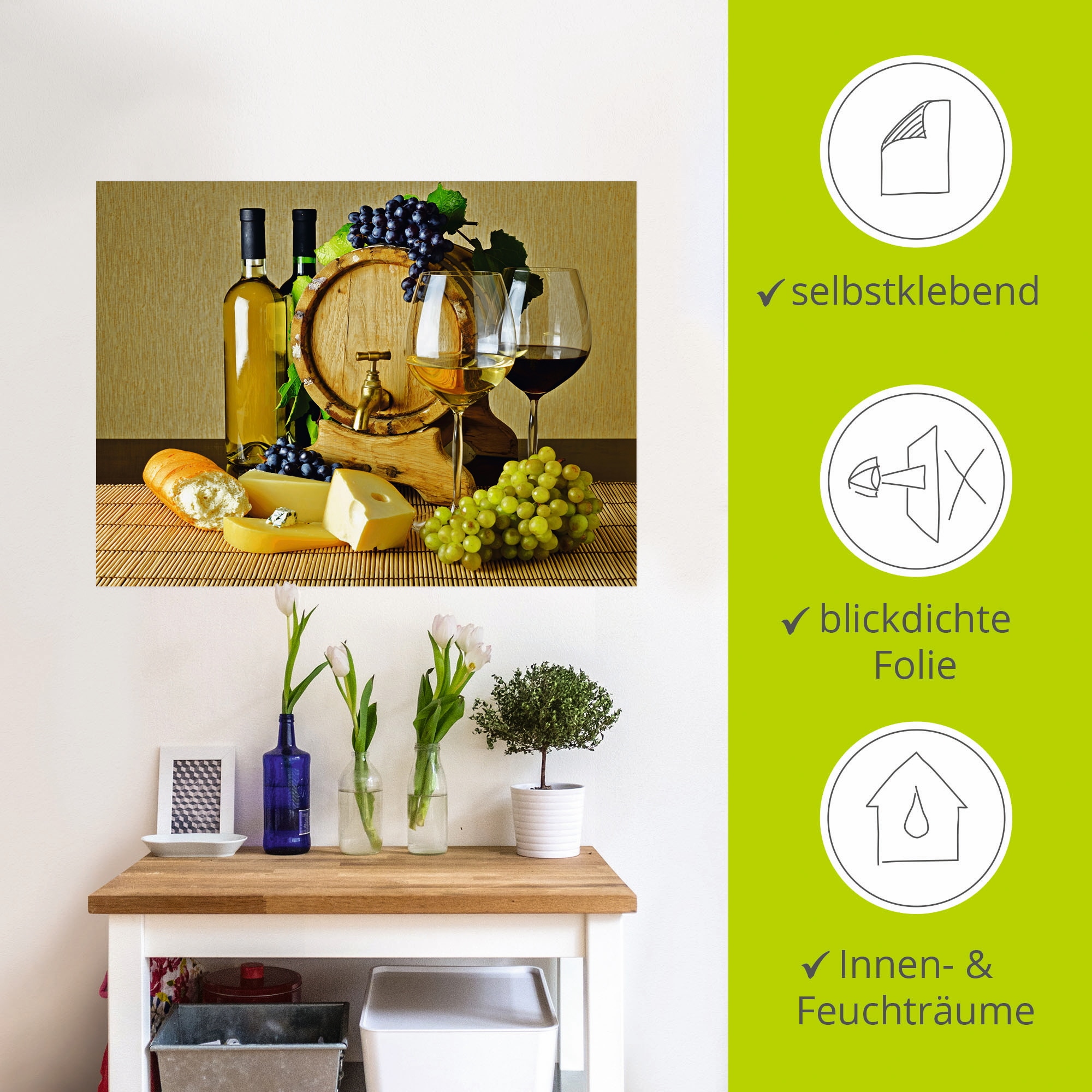 Artland Wandbild »Käse, Wein und Trauben«, Lebensmittel, (1 St.), als Alubild, Leinwandbild, Wandaufkleber oder Poster in versch. Größen