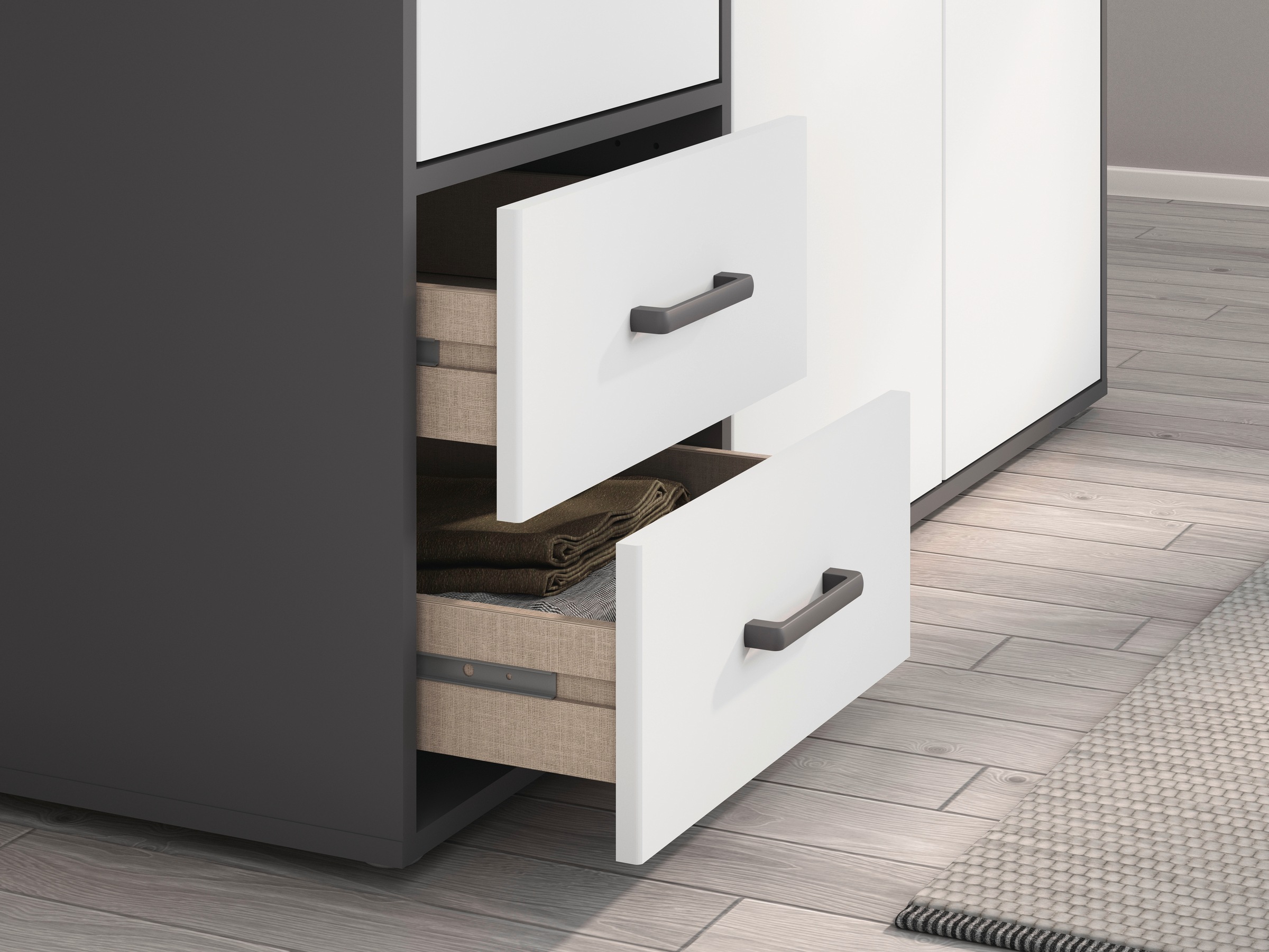 rauch Drehtürenschrank »Kleiderschrank Schrank Garderobe Wäscheschrank VOYAGER«, (in 3 verschiedenen Ausstattungen BASIC/CLASSIC/PREMIUM), mit modernen Griffen in Graumetallic, inkl. Schubkästen und Spiegel