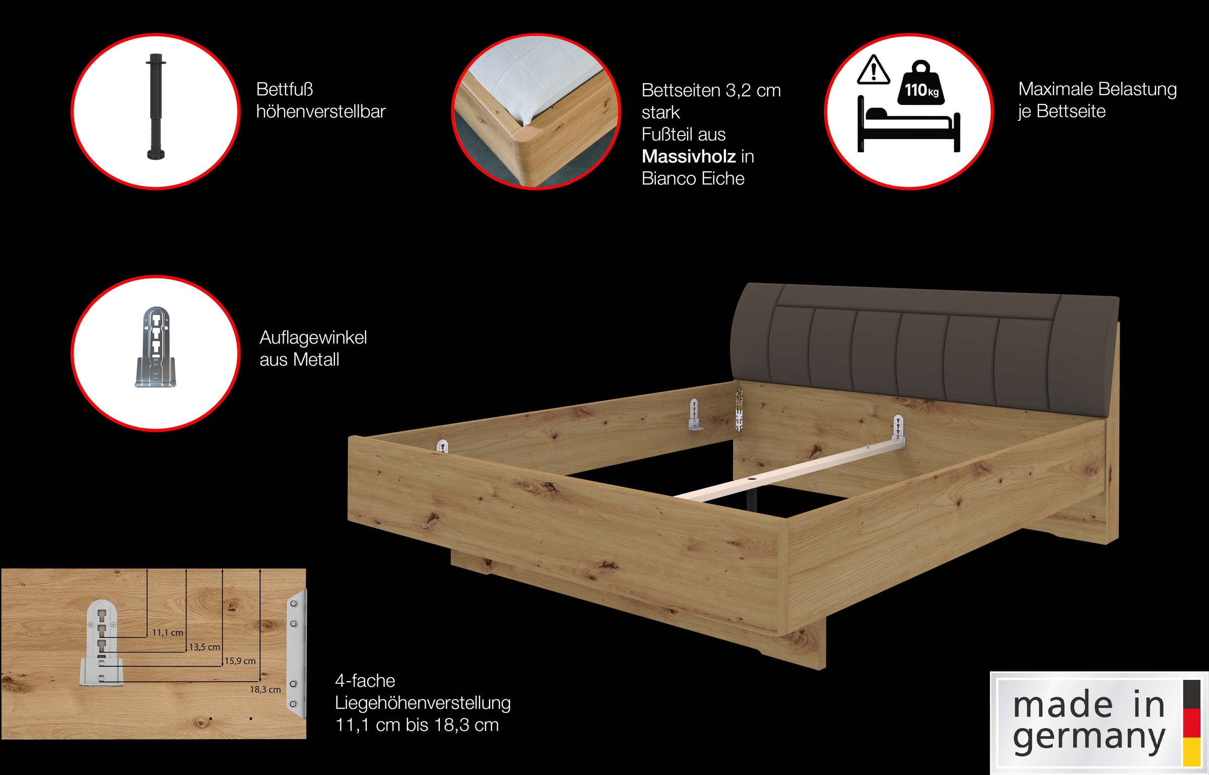 WIEMANN Holzbett »Cardiff, Bettgestell, Bettrahmen, teilmassiv, mit Polsterkopfteil«, (Belastbarkeit 110/220 Kg, 4-fache höhenverstellbar, MADE IN GERMANY), Fußteil aus Massivholz, verschiedene Größen