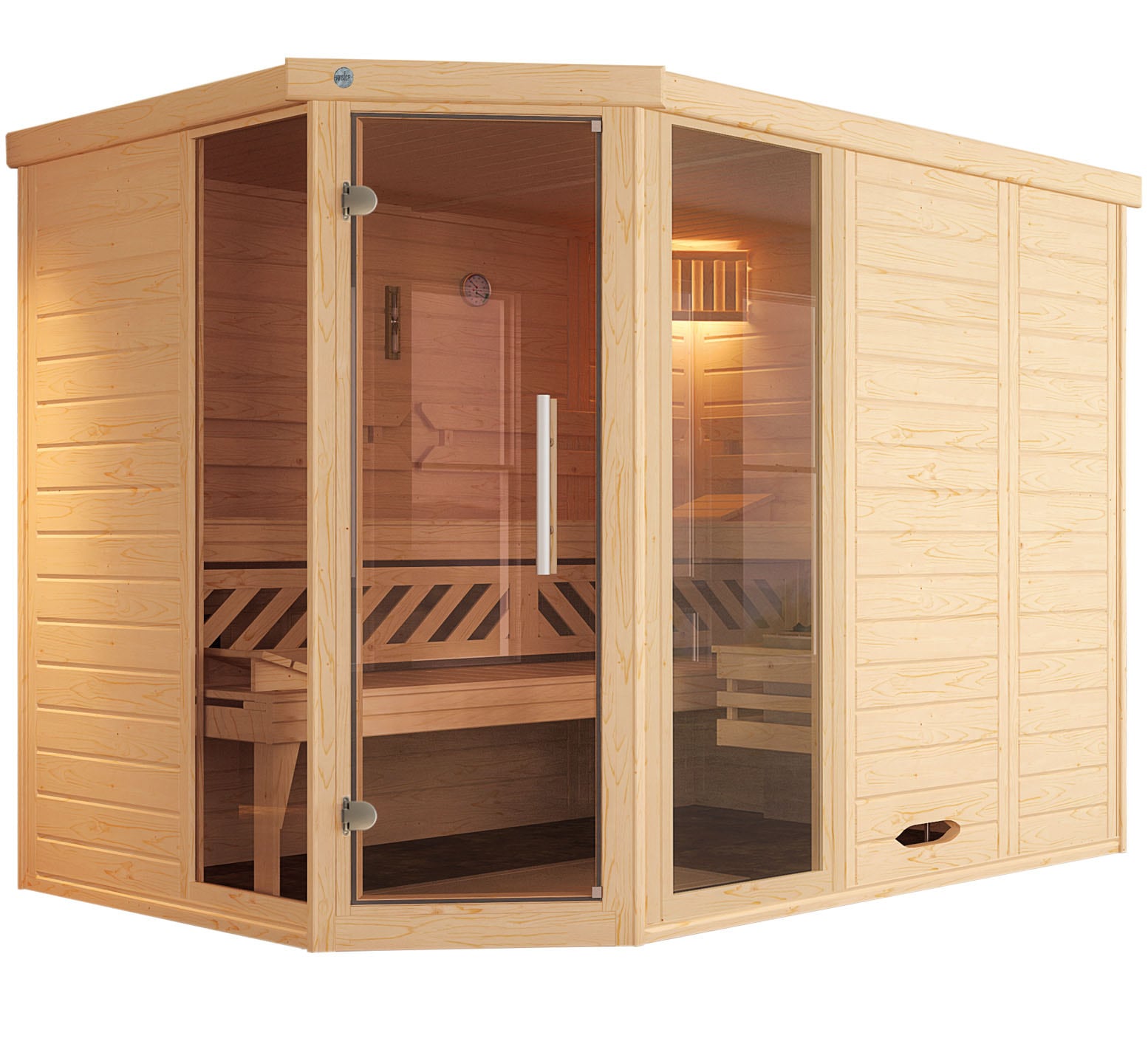 weka Sauna »Design-Sauna KEMI Eck 2«, Blockbohlen, vorgef. Elemente, Fensterelement, mod. Ganzglastür