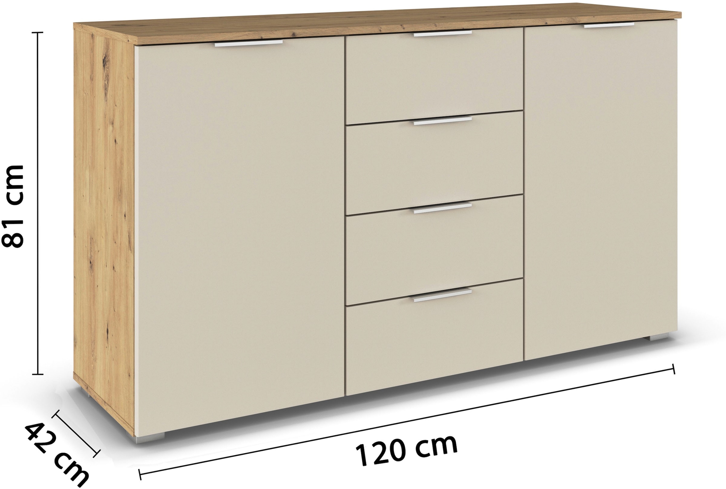 rauch Kombikommode »Sideboard Schubladenkommode AGORDO mit Dekor- oder Hochglanzfront«, (in zwei Griff-Farben, Breite 120 cm inkl. Soft-Close-Funktion), vier große Schubladen, mit insgesamt 4 Einlegeböden MADE IN GERMANY