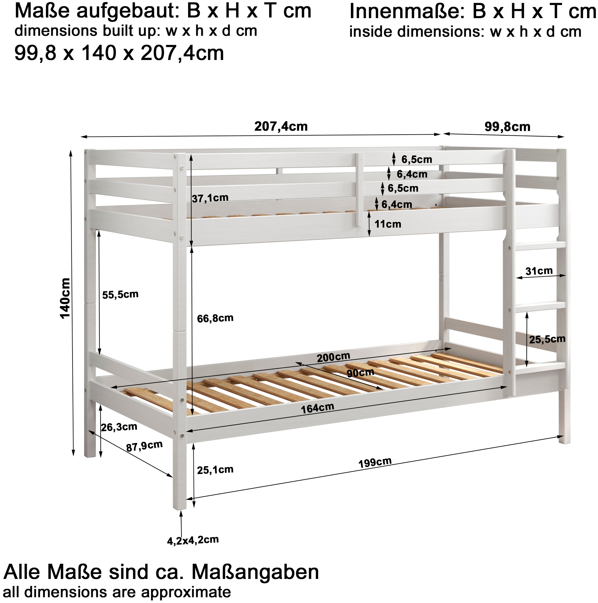 Lüttenhütt Etagenbett »Mora Bett Kinderbett Leiterbett Stockbett Holzbett Bestseller«, (1 St.), Teilbares Etagenbett aus Massivholz - (B/T/H): 100/208/140 cm Hochbett