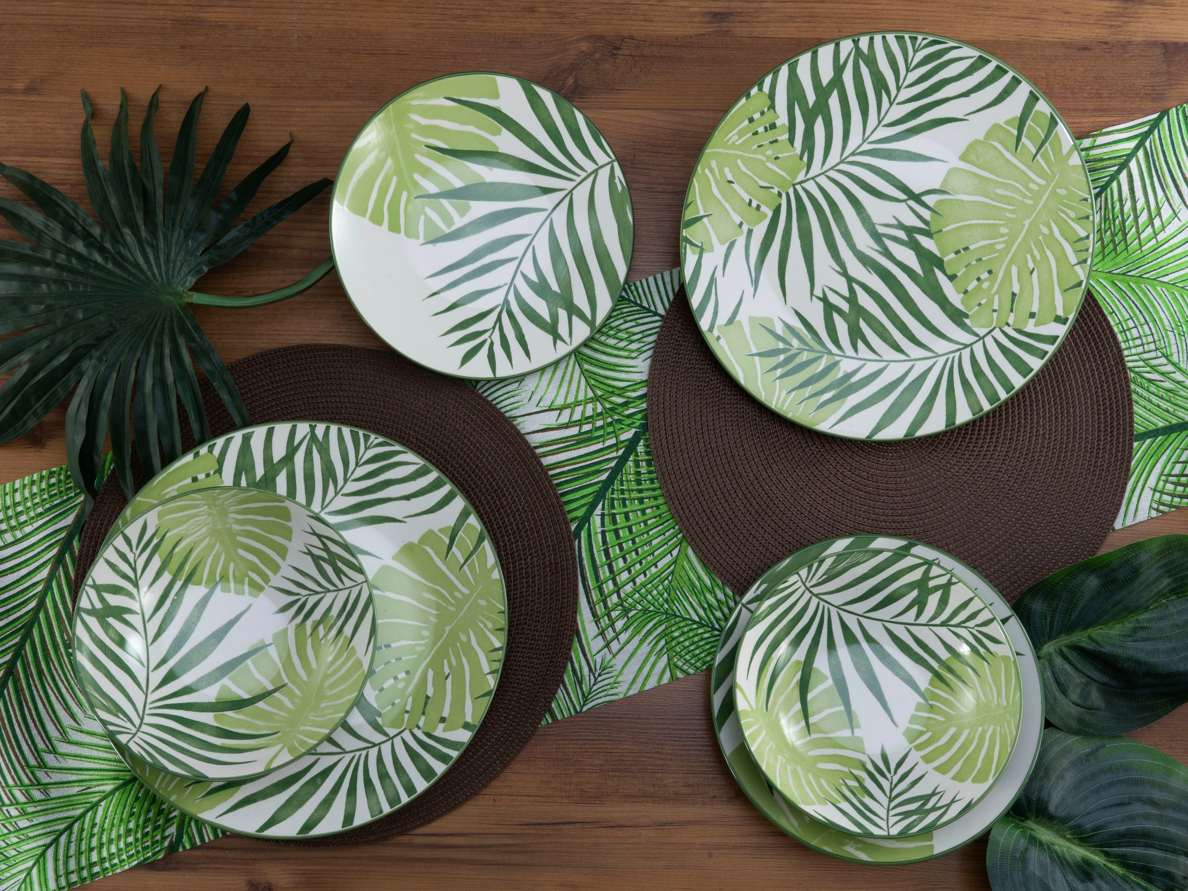 CreaTable Teller-Set »Tropicana«, (Set, 12 tlg.), vollflächiger tropischer Blätter Dekor