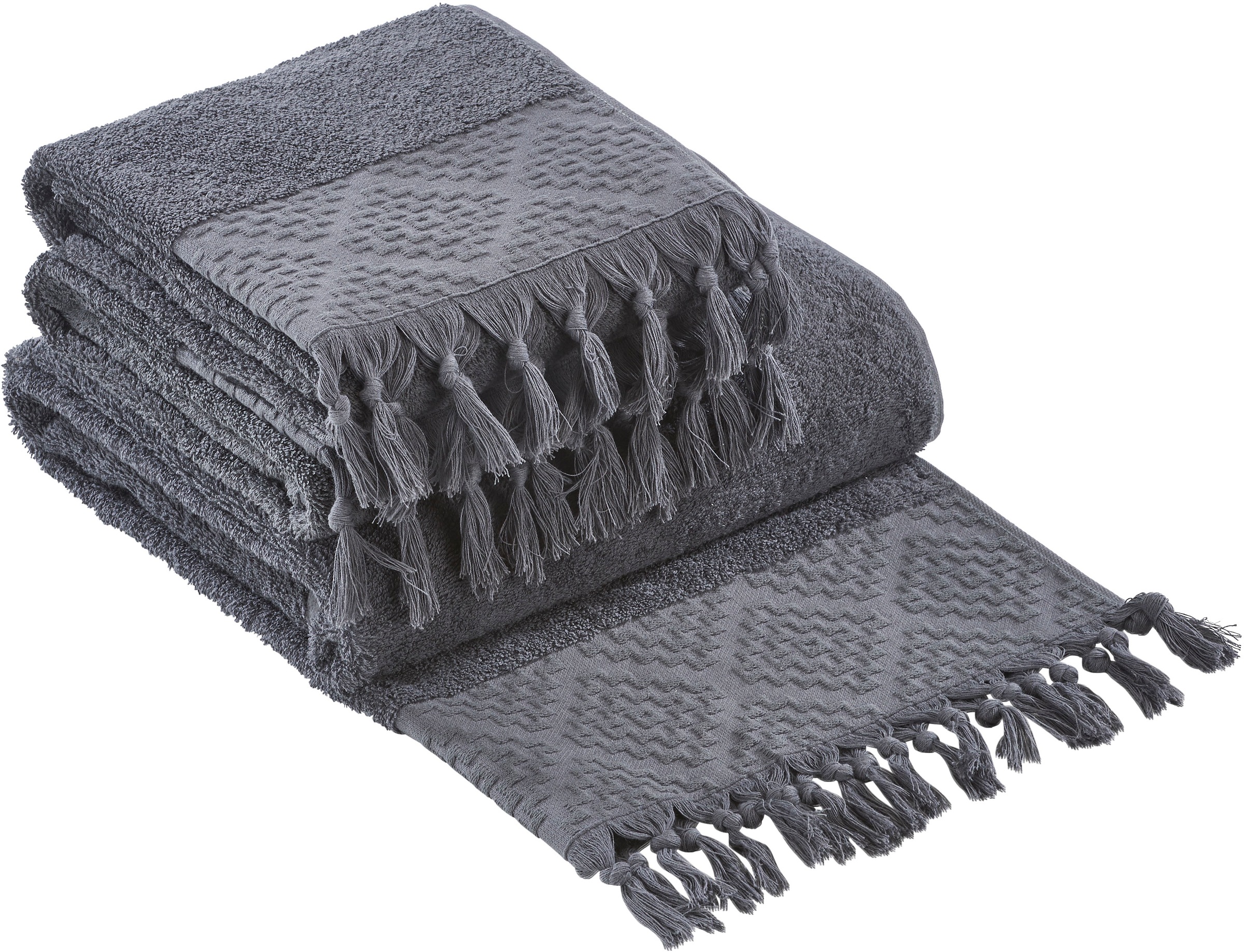 done.® Handtuch Set »Provence Bohéme«, (Set, 3 St., 1 Badetuch (70x140 cm)-2 Handtücher (50x100 cm), Uni-Farben, Boho-Style, mit auffälliger Borte & Fransen