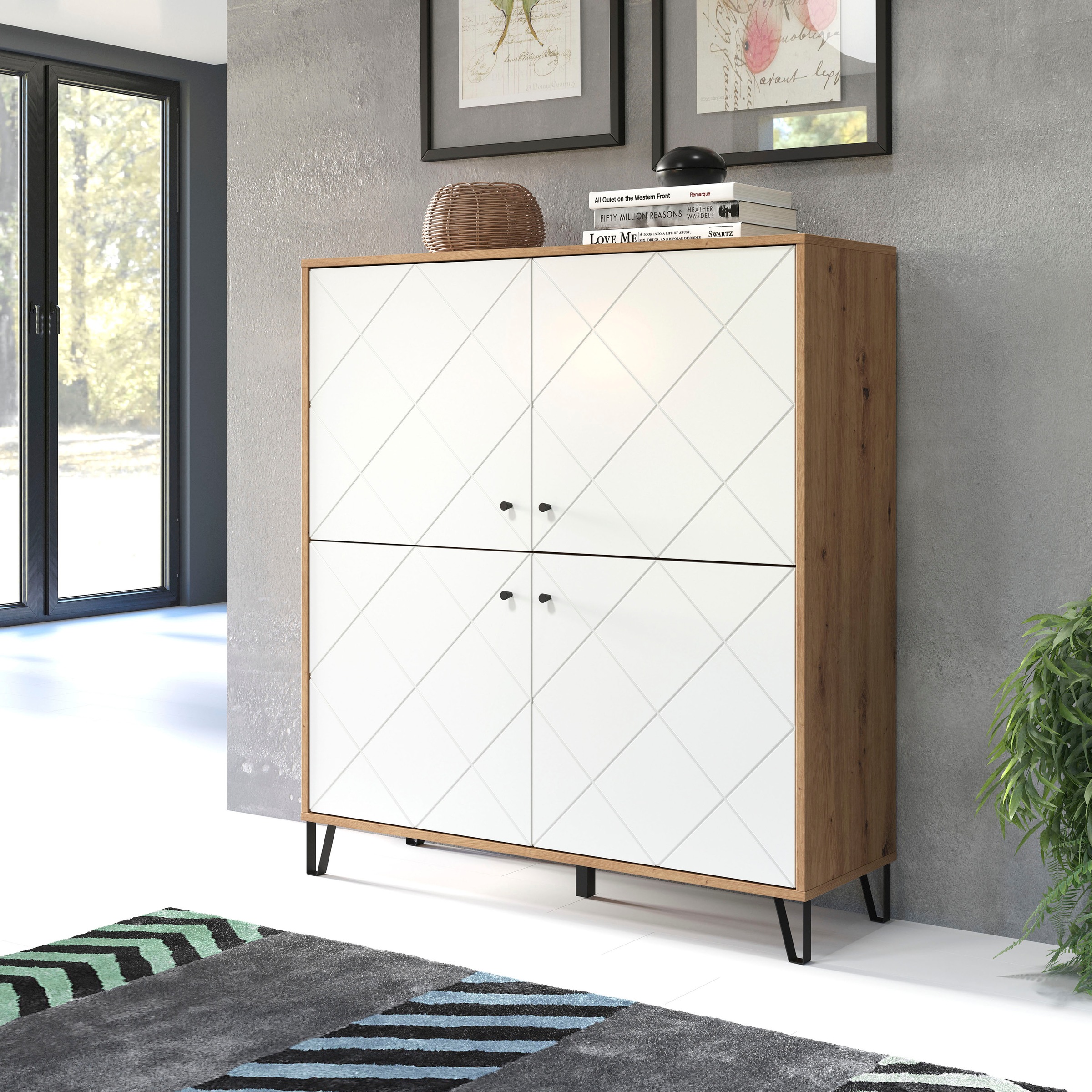Places of Style Highboard »Tarragona«, Stauraumschrank, Fräsungen in Rautenoptik, 8 Fächer, Breite 123 cm