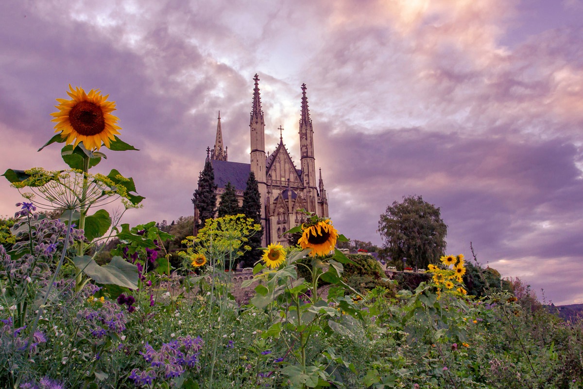 Papermoon Fototapete »Kirche im Sonnenblumenfeld« günstig online kaufen