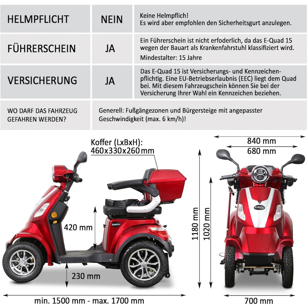 Rolektro Elektromobil »E-Quad 15, Blei-Gel-Akku«, 1000 W, 15 km/h, (mit Topcase)