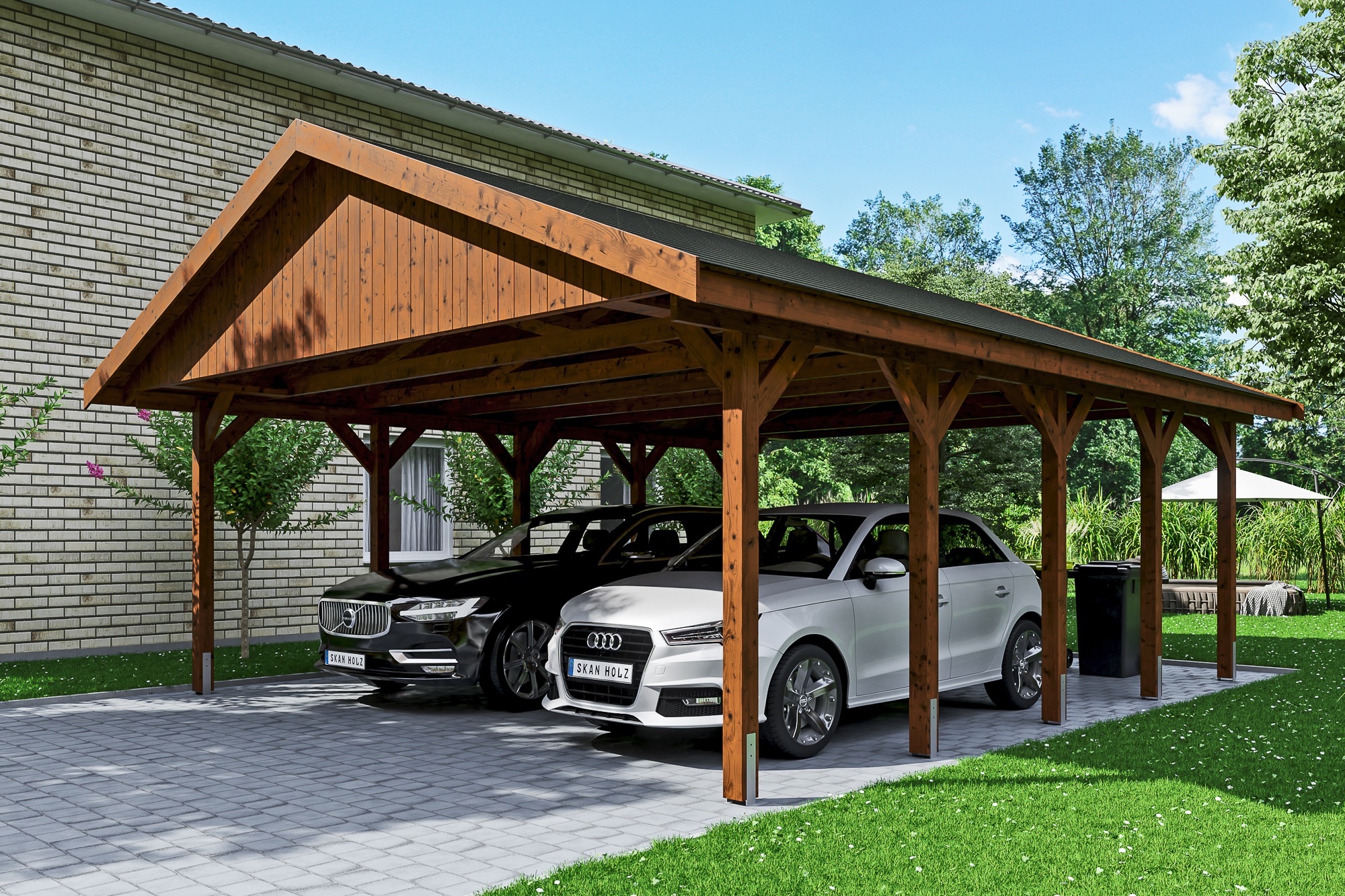 Skanholz Doppelcarport »Wallgau« Massivholz 530 cm Nussbaum mit schwarzen Dachschindeln
