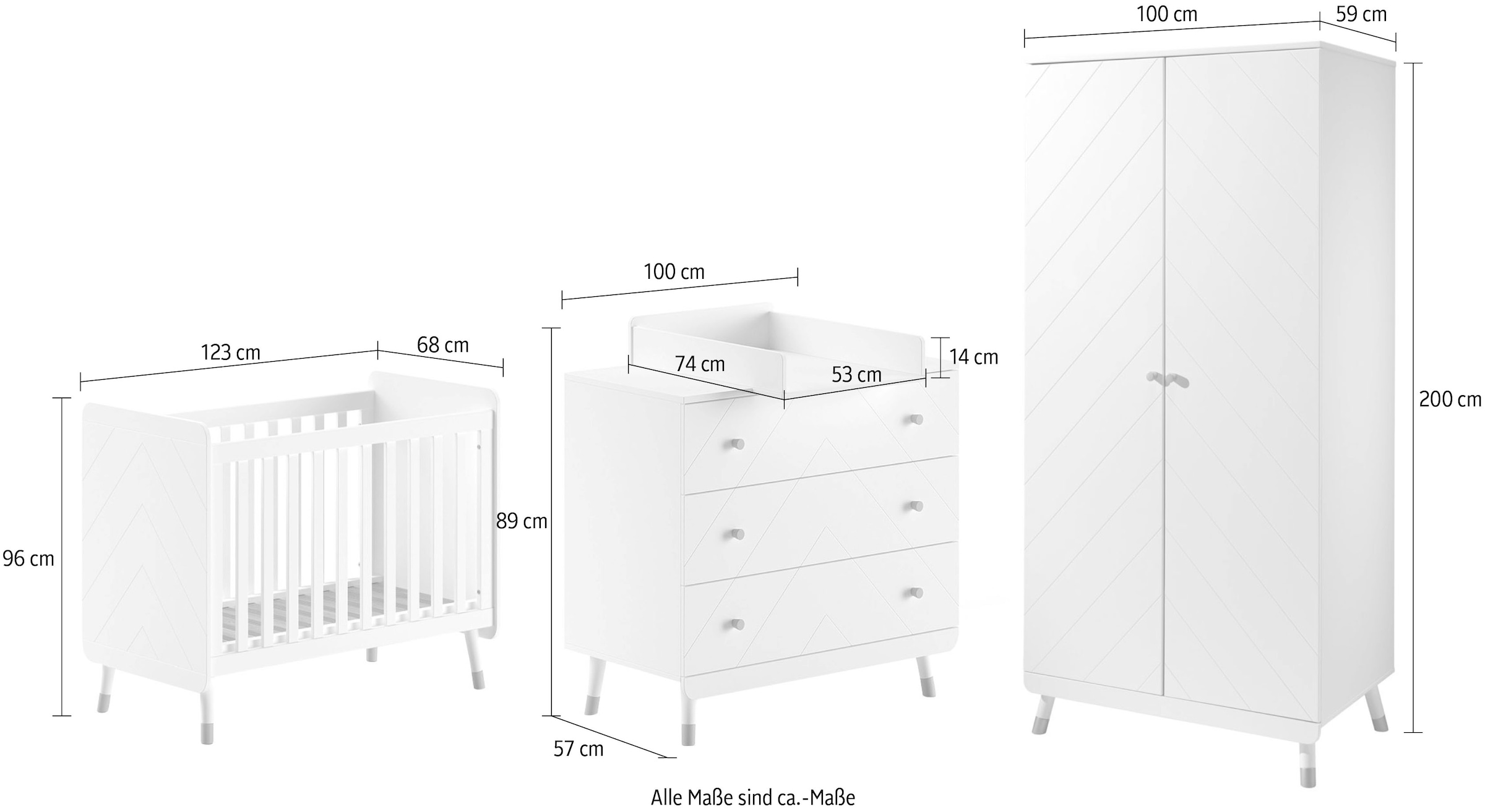 Vipack Babymöbel-Set Made in Europe,  4- tlg. bietet alles für Ihr Kinderzimmer, Ausf. satin weiß lackiert