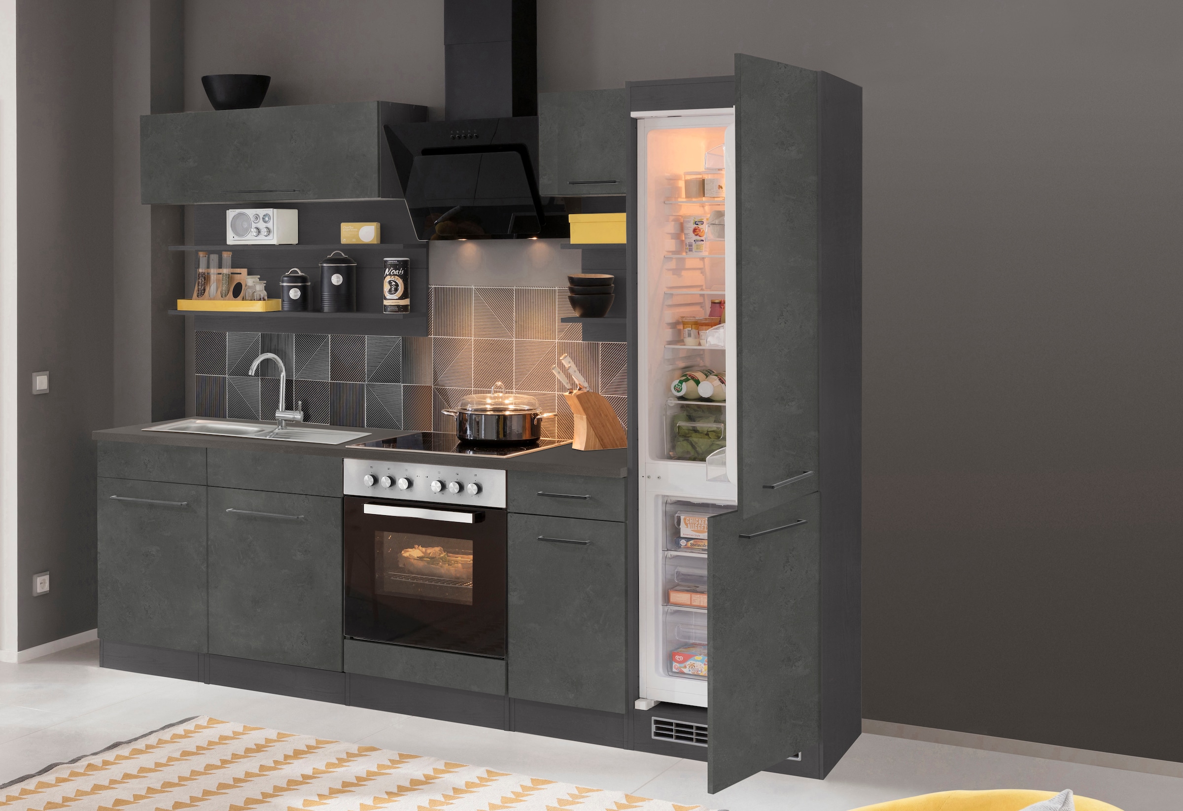 KOCHSTATION Küchenzeile »KS-Tulsa«, mit E-Geräten, Breite 270 cm, schwarze Metallgriffe, MDF Fronten
