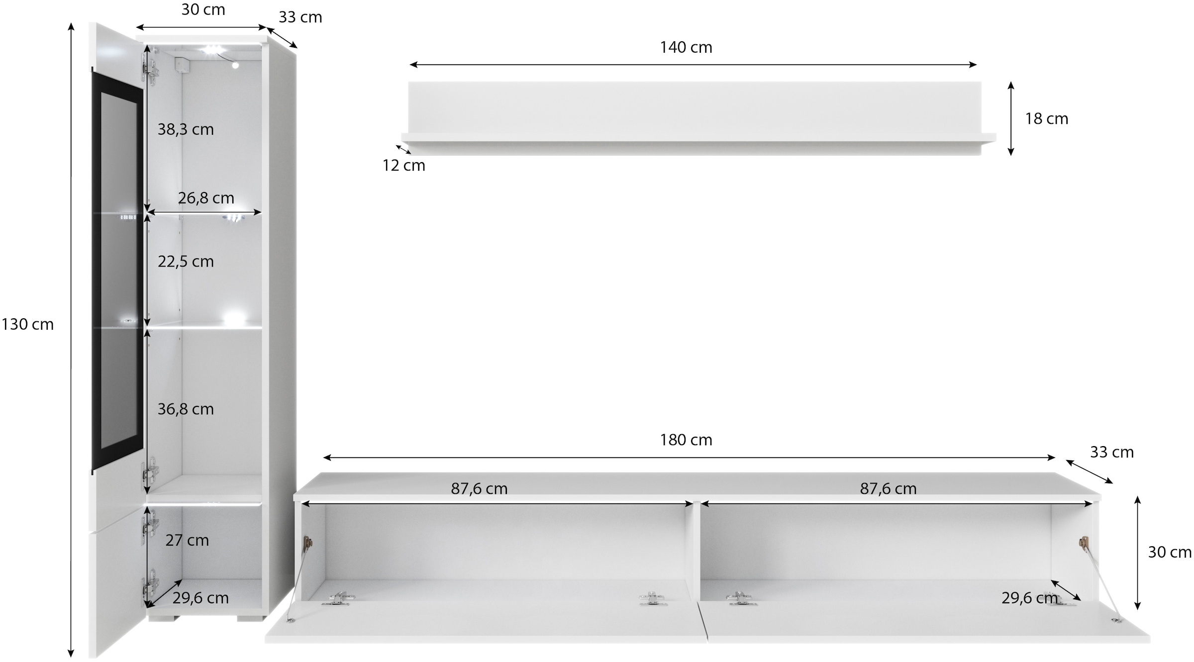 INOSIGN Wohnwand »VERA I«, (Komplett-Set, 3 St.), Vitrine mit Verglasung, stehend und hängend, inklusive Beleuchtung