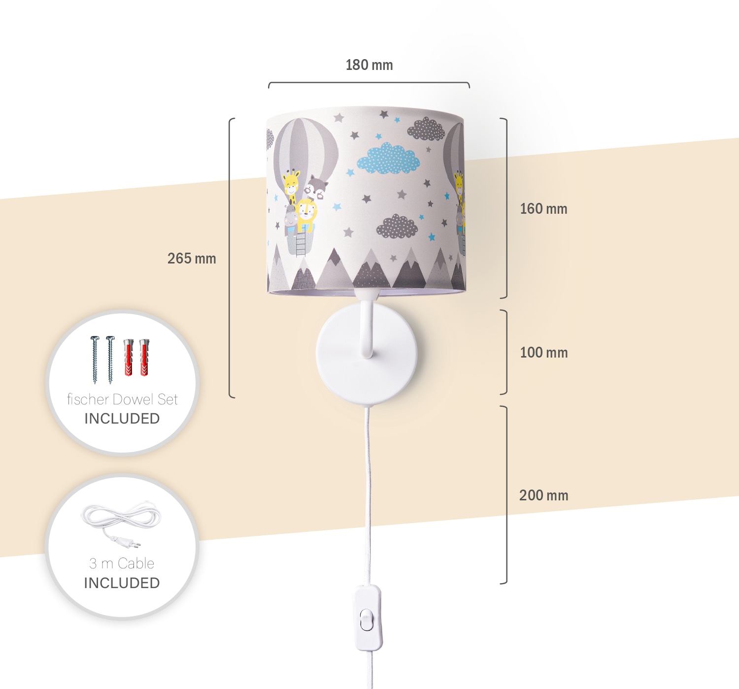 Paco Home Wandleuchte »Cosmo 343«, 1 flammig, Leuchtmittel E14 | ohne Leuchtmittel, Lampe Kinderzimmer Stecker âˆ…18cm Heißluftballon Tiere Kabel 3m E14