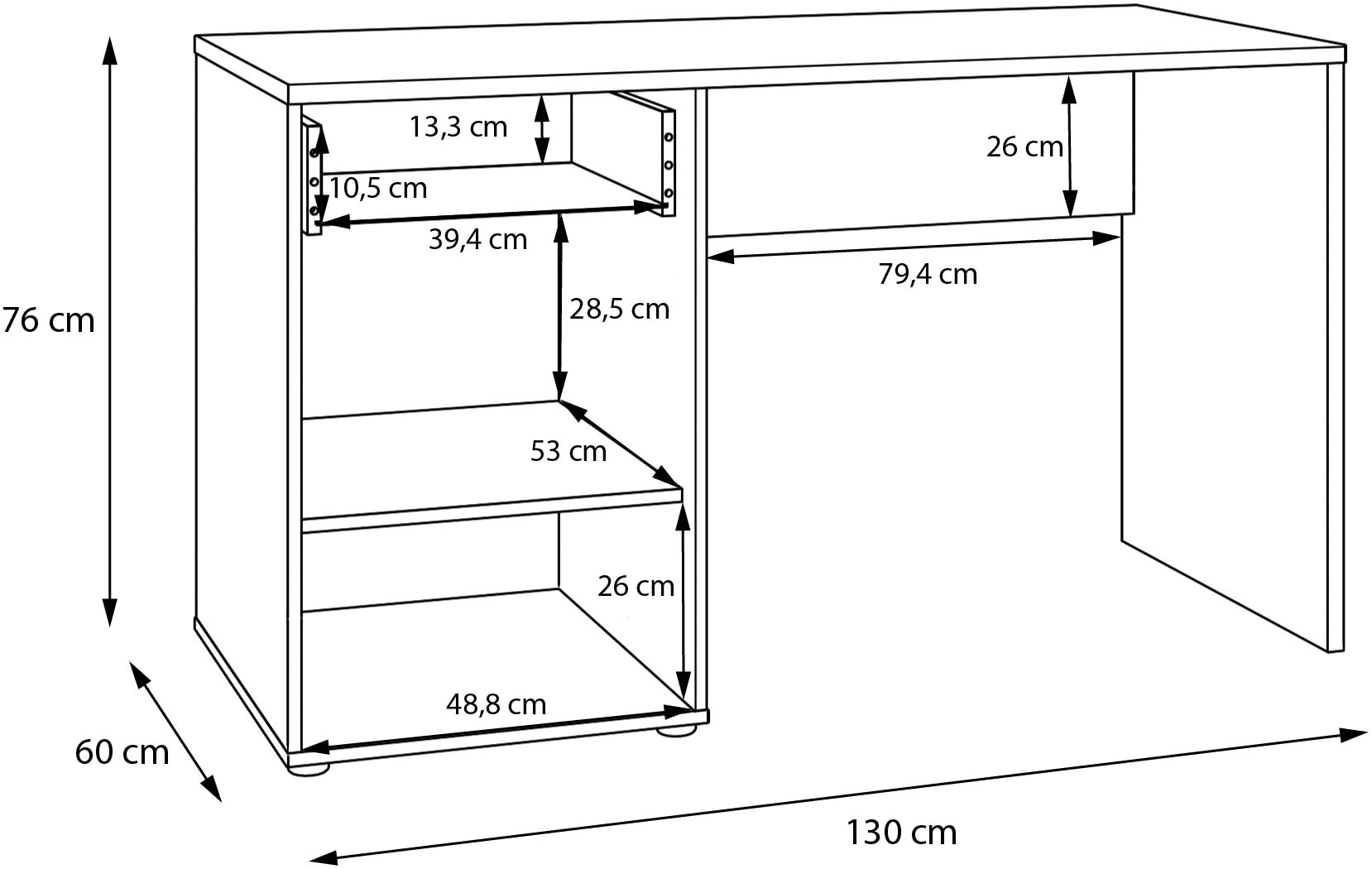 FORTE Schreibtisch »Soft Close und Vollauszug, viel Stauraum, in 2 Farben erhältlich« B/H/T 130/76/60 cm/Schubkasten mit Vollauszug