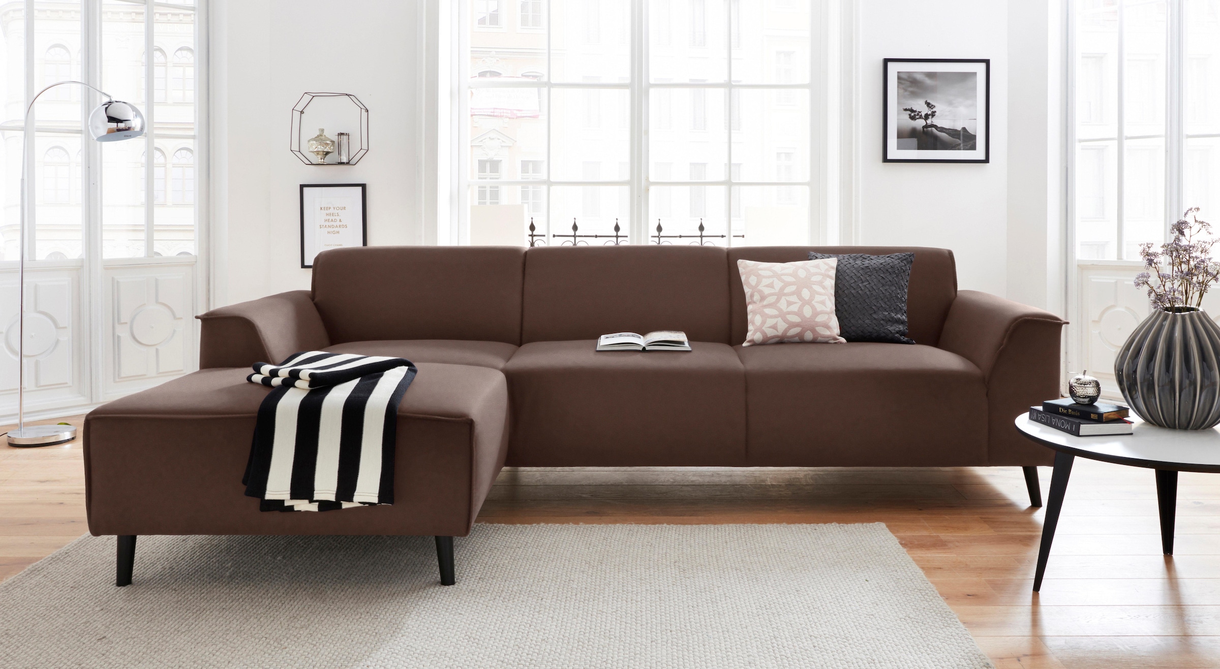 DOMO collection Ecksofa »Amora, inklusive komfortablem Federkern für mehr Sitzkomfort, L-Form«, mit Recamiere, zeitlos und elegant, Komfortsitzhöhe 47cm