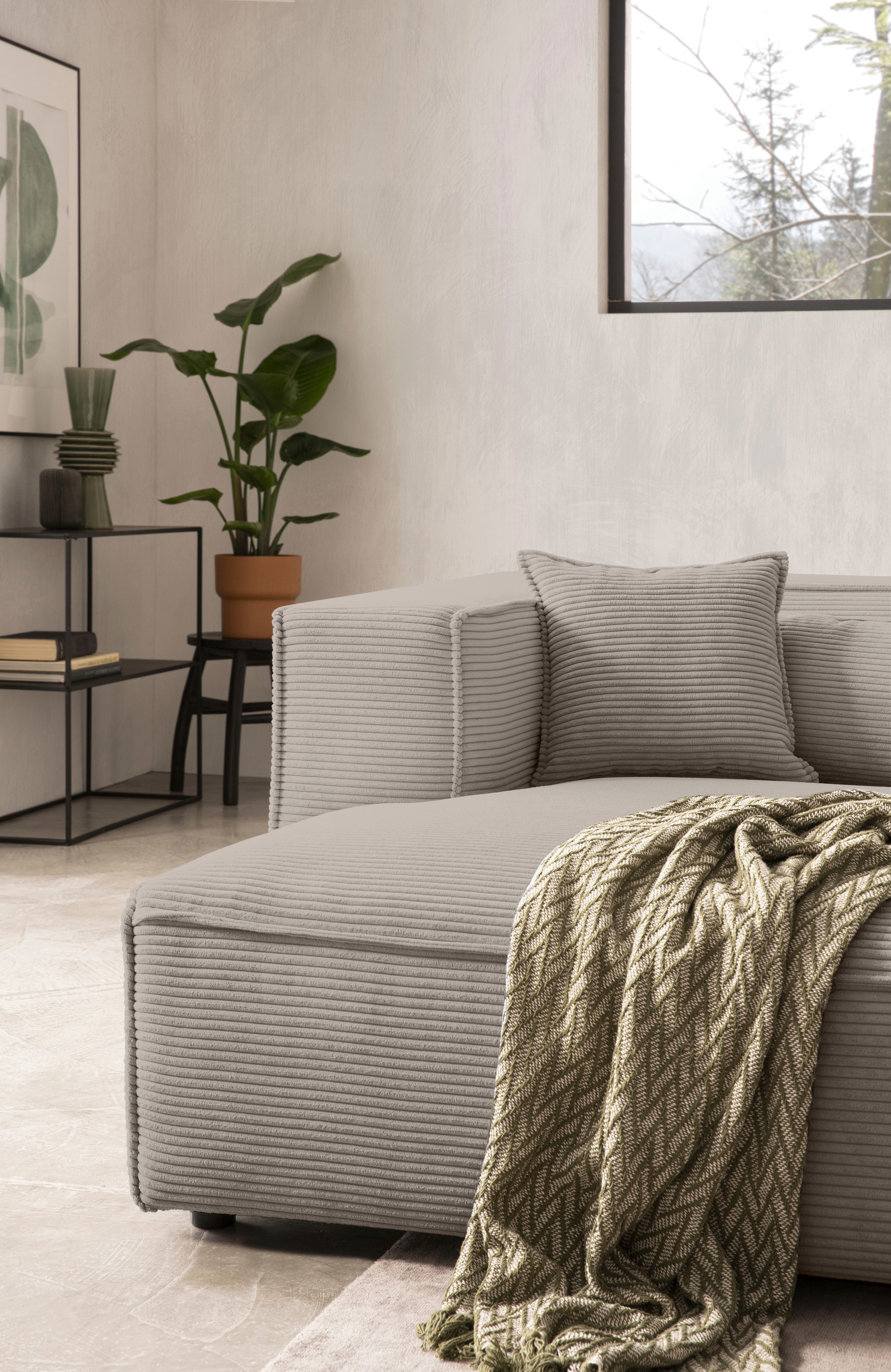 LeGer Home by Lena Gercke Ecksofa »PIARA mit Kedernaht in Cord oder Leinenoptik, moderne Couch in L-Form«, wahlweise Ottomane rechts/links, schwarze Füße, bequemer Sitzkomfort