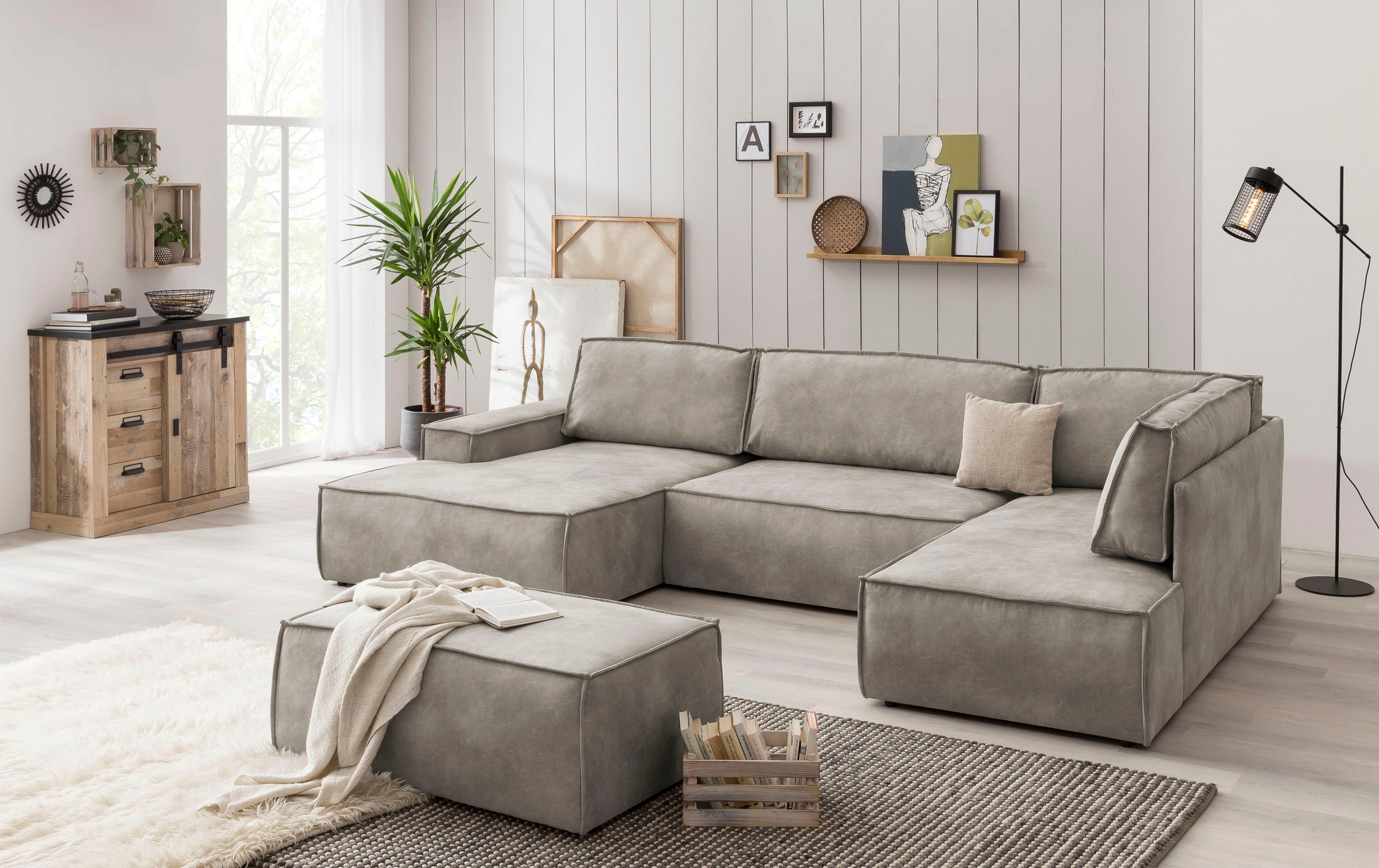 Home affaire Wohnlandschaft »SHERWOOD 329 cm, U-Form, Schlafsofa,«, Schlaffunktion m. Bettkasten (194x139 cm), Cord, Vintage, Samtvelours
