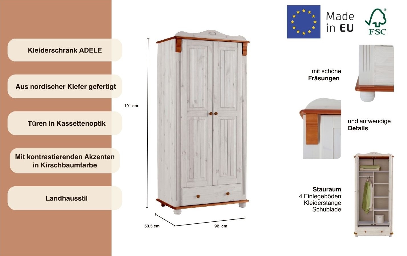 Home affaire Kleiderschrank »Adele«, (4 Breiten: 92/130/169/207 H/T ca. 191/54 cm), aus massiver Kiefer,Spiegel beim 4-und 5-trg.Schrank, Innenausstattung