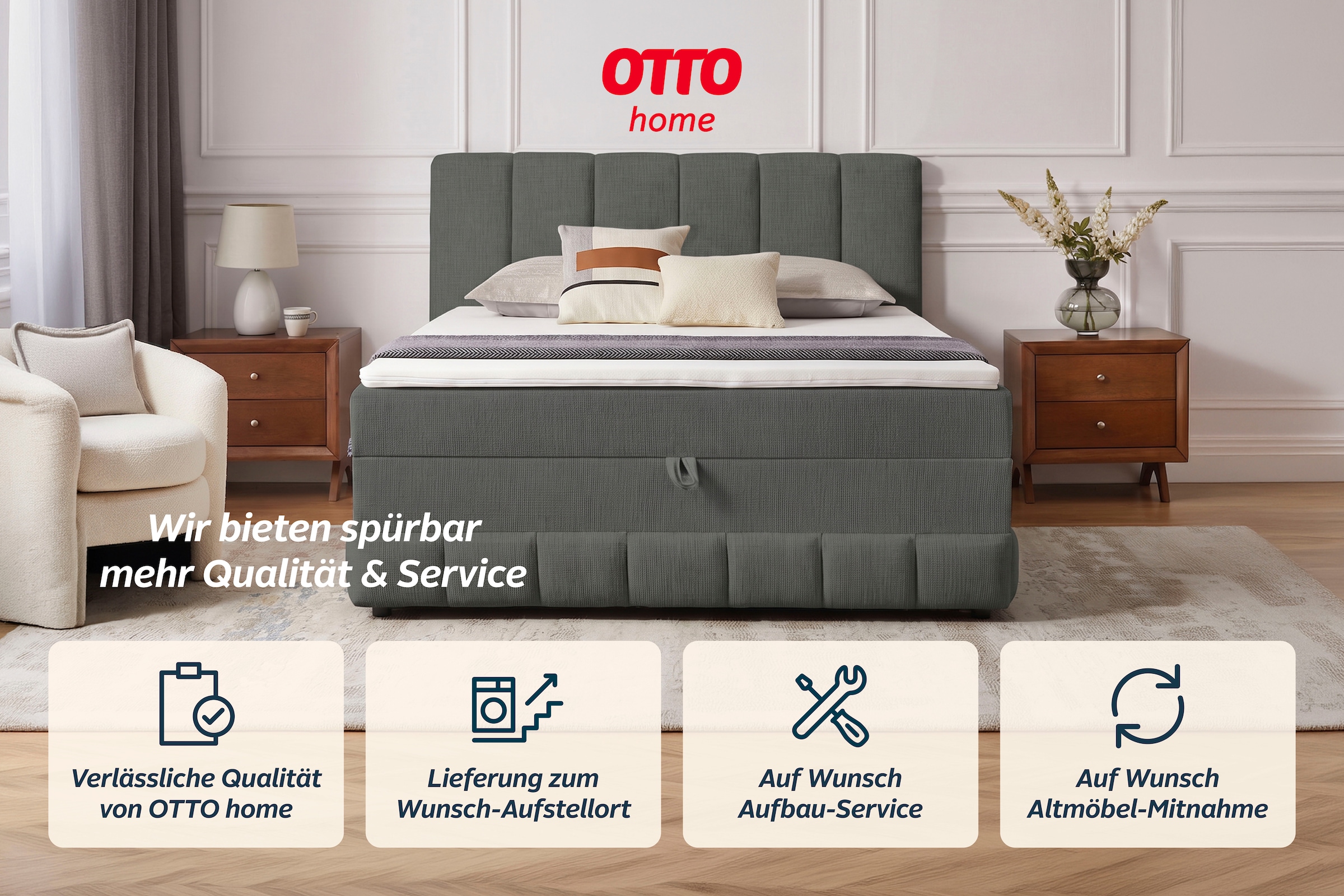 OTTO home Boxbett »LIKELY, Polsterbett mit Bettkasten, inkl. Taschenfederkernmatratze H3« mit Kaltschaumtopper, Strukturstoff-Bezug, 140x200 & 180x200 cm