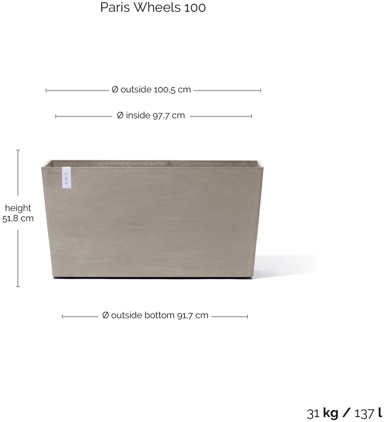ECOPOTS Blumentopf »Paris mit Rollen 100 Taupe«, für den Außenbereich: frostsicher, bruchsicher und lichtbeständig