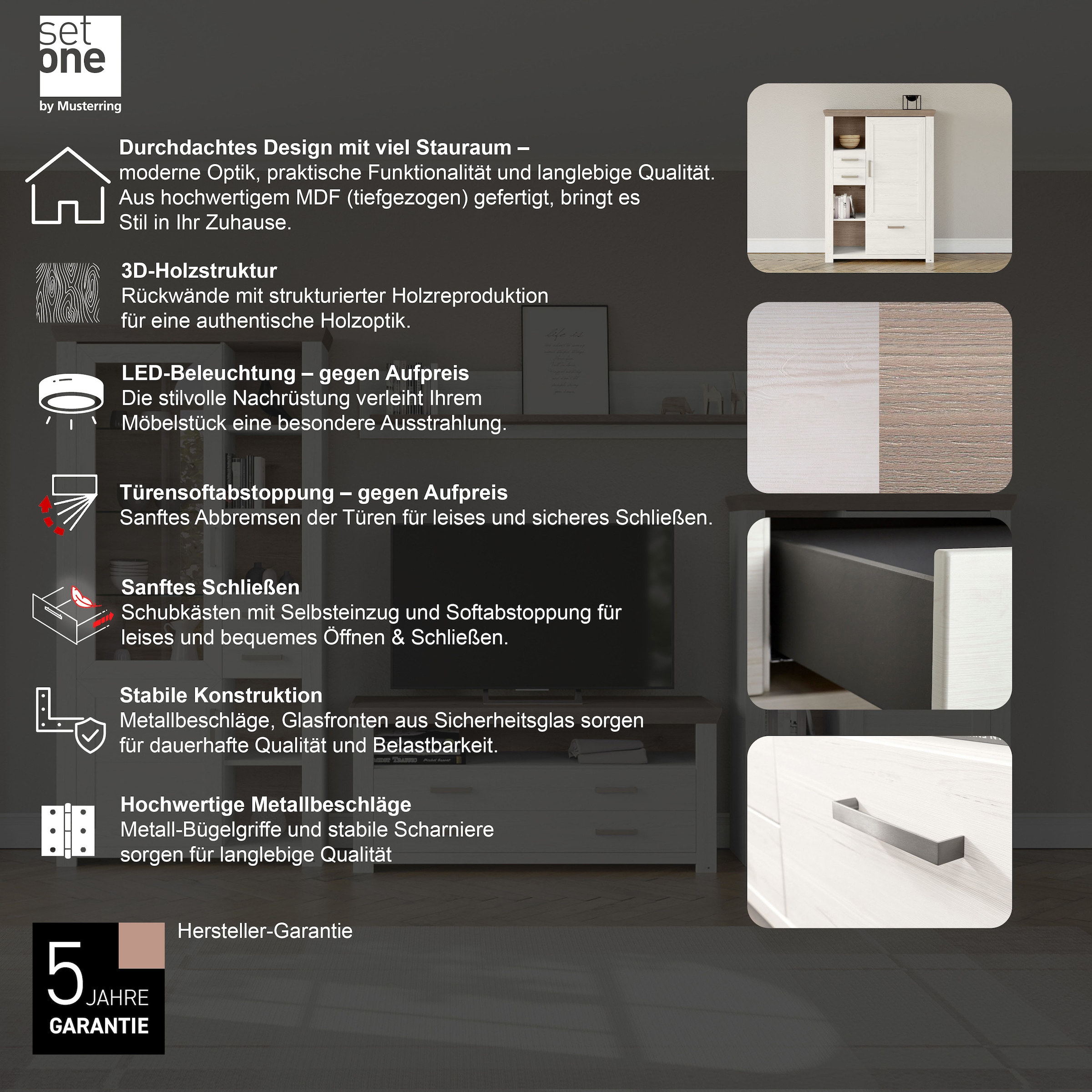 set one by Musterring Highboard »York«, Typ 25 und 26, in 3 Farbvarianten, Beleuchtung optional, Breite 105 cm