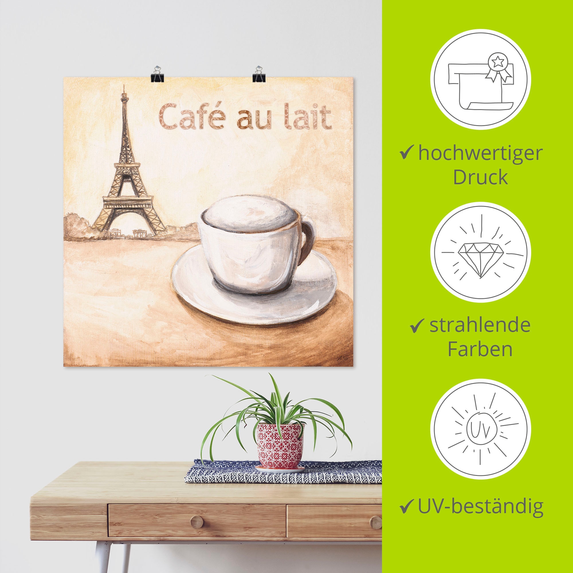 Artland Poster »Café au lait in Paris«, Kaffee Bilder, (1 St.), als Alubild, Leinwandbild, Wandaufkleber oder Poster in versch. Größen