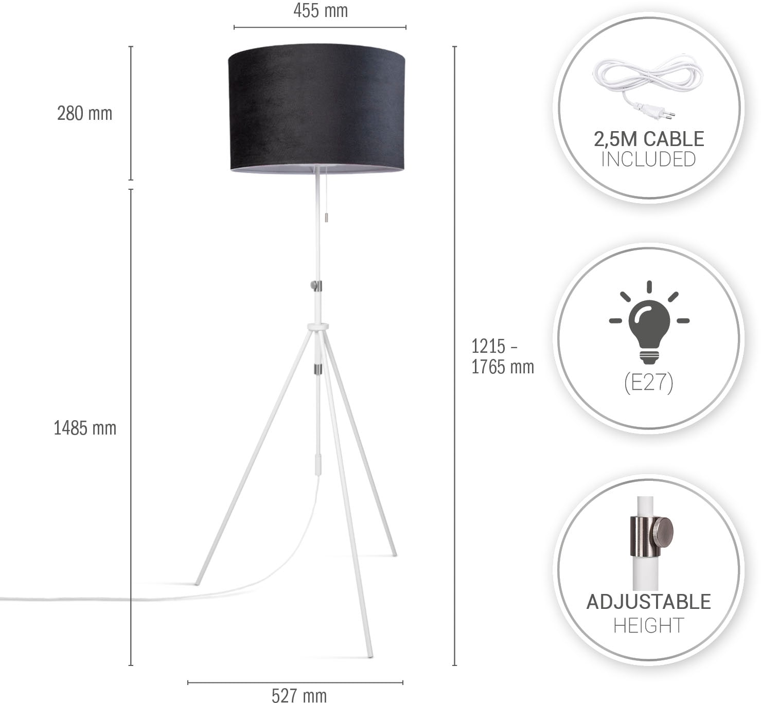 Paco Home Stehlampe »Naomi uni Color«, Leuchtmittel E27 | ohne Leuchtmittel, Wohnzimmer Höhenverstellbar 121,5 bis 176,5 cm Zugschalter Velour
