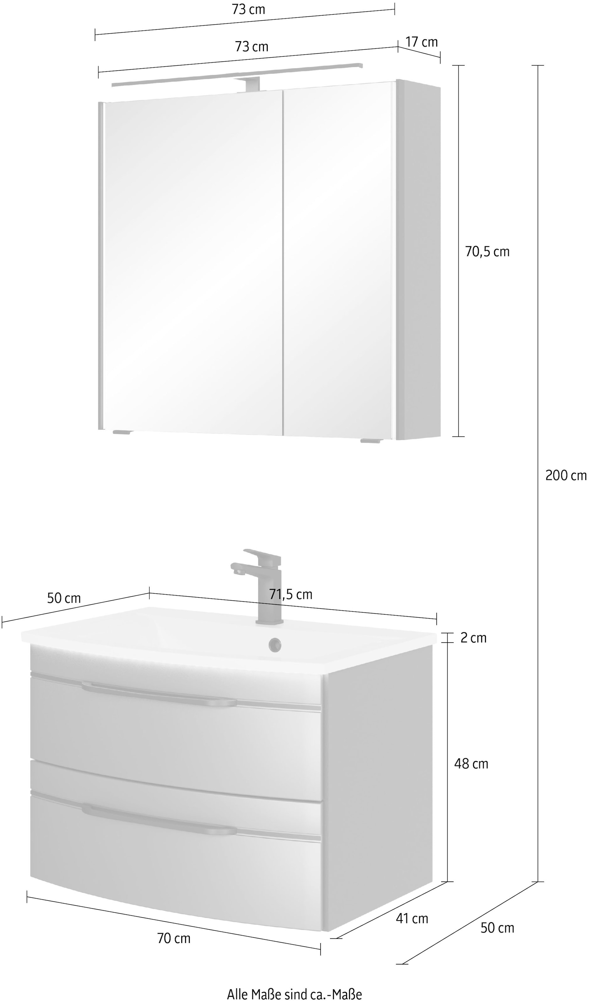 Saphir Badmöbel-Set »Serie 7045 2-teilig Mineralmarmor-Waschtisch mit LED-Spiegelschrank«, (Set, 2 St.), Badezimmer-Set 73,2 cm breit, inkl. Türdämpfer, 2 Türen, 2 Schubladen