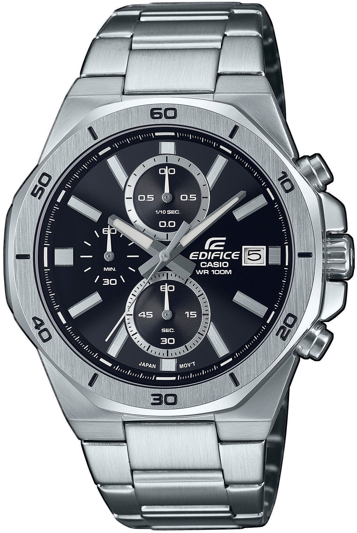 CASIO EDIFICE Chronograph Quarzuhr, Armbanduhr, Herrenuhr, Edelstahlarmband, bis 10bar wasserdicht schwarz-silberfarben Schicker Herrenchronograph